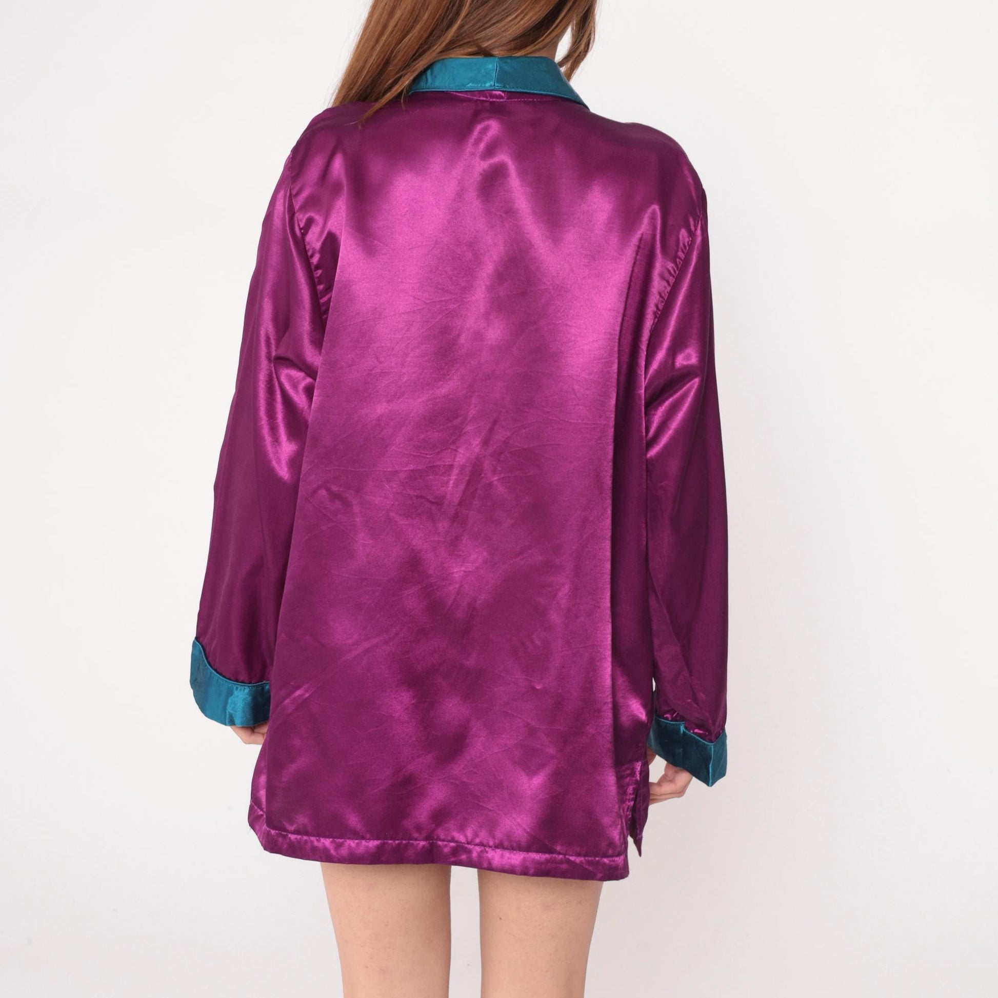 90s Purple Satin Sleep Shirt Teal Trim Button Front Tunic Large L