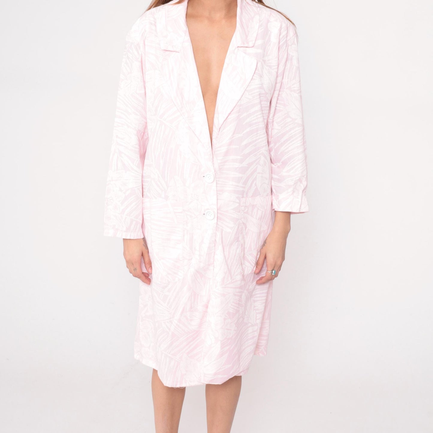 80s Pink Floral Robe Knee-Length Button-Front House Coat Medium