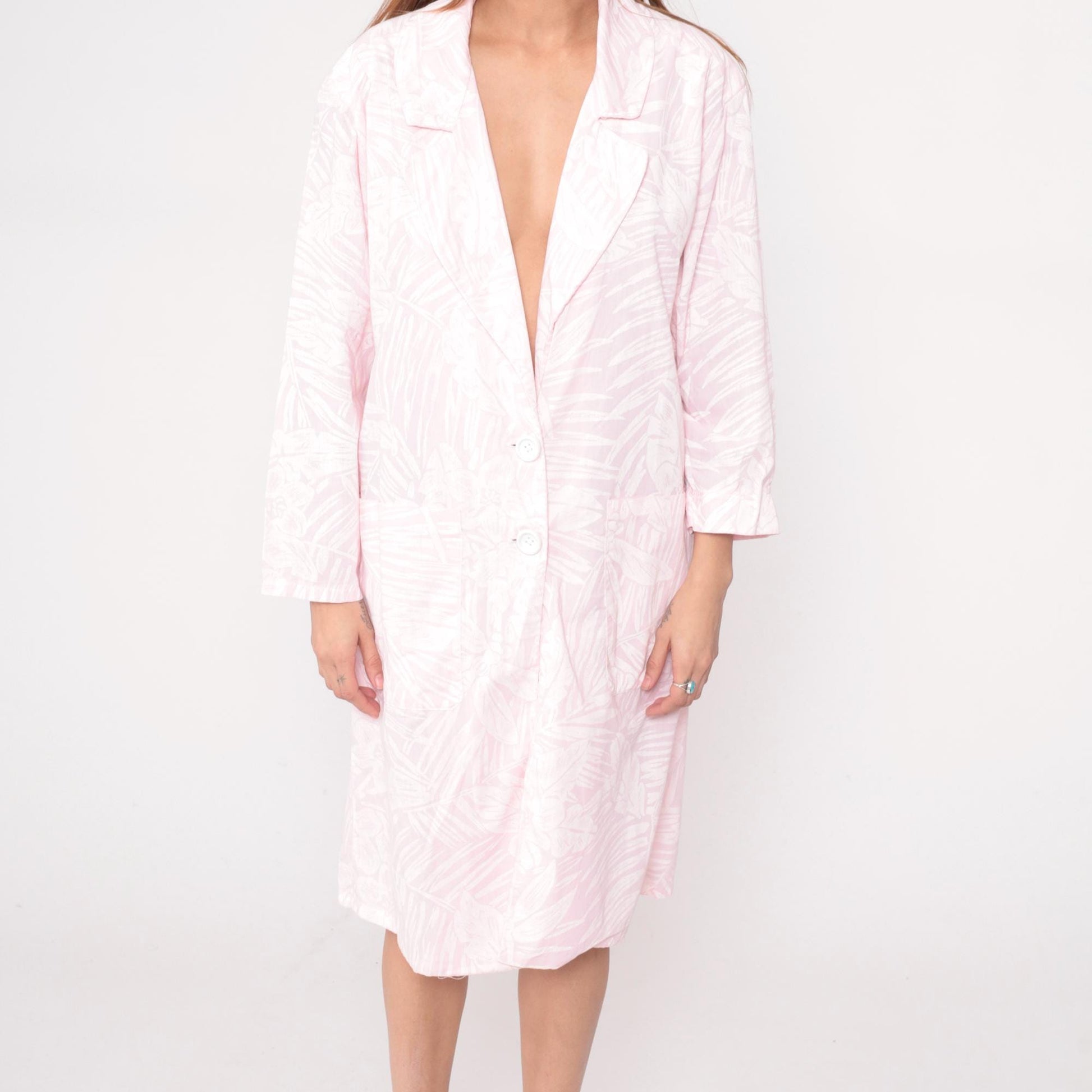 80s Pink Floral Robe Knee-Length Button-Front House Coat Medium