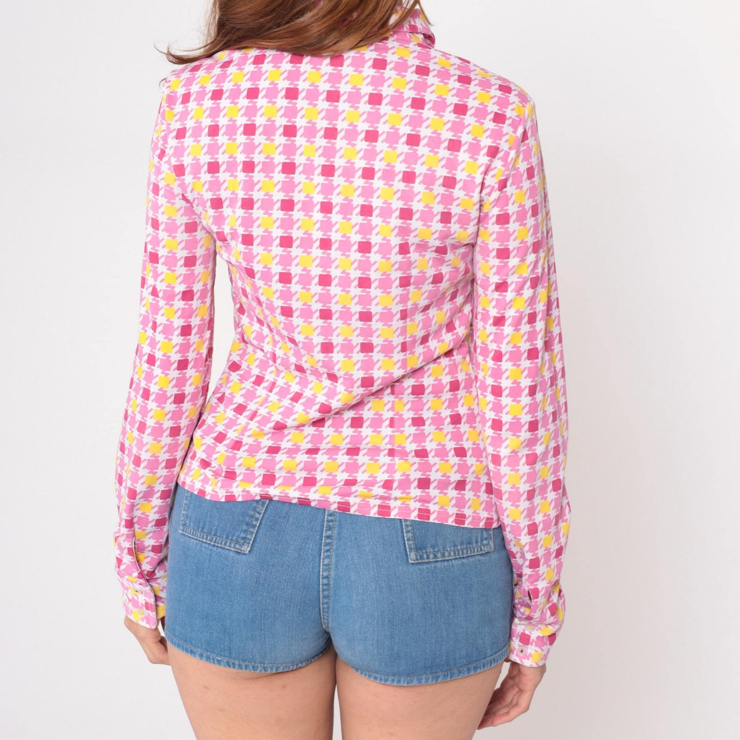 90s Guess Geometric Square Print Button Blouse Pink Yellow Small S