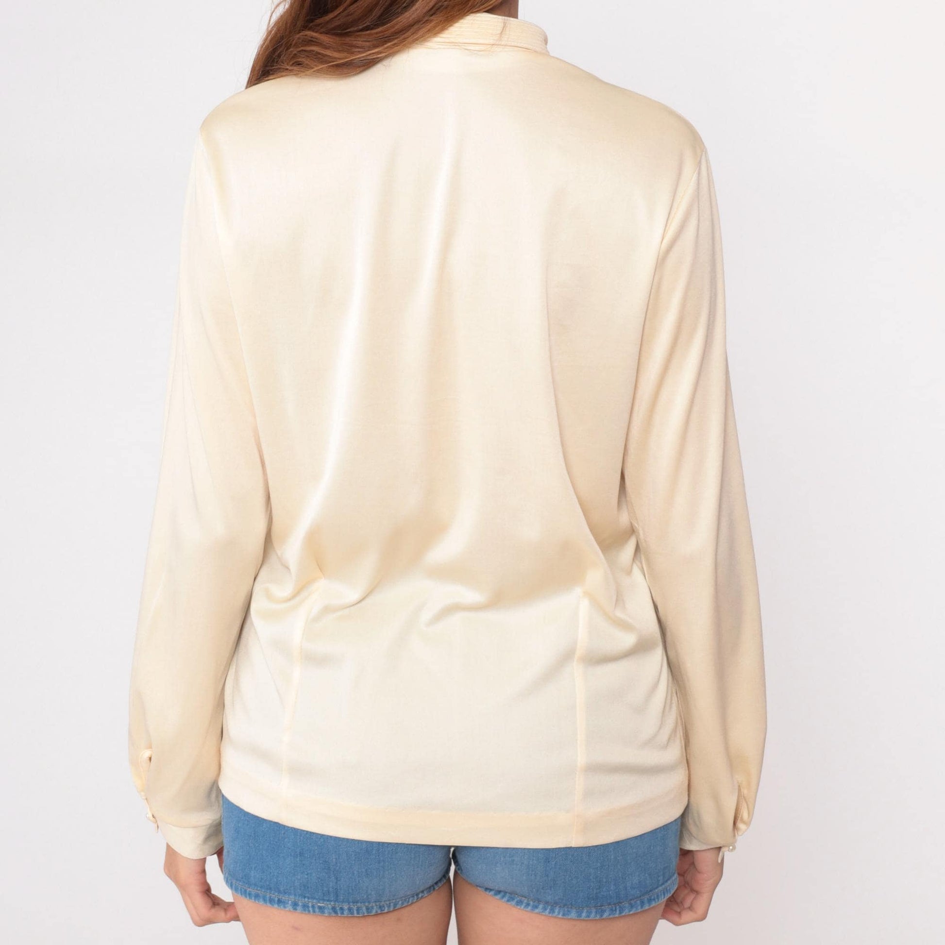 80s Perception Cream Pussy Bow Blouse Long Sleeve Button-Up Medium M