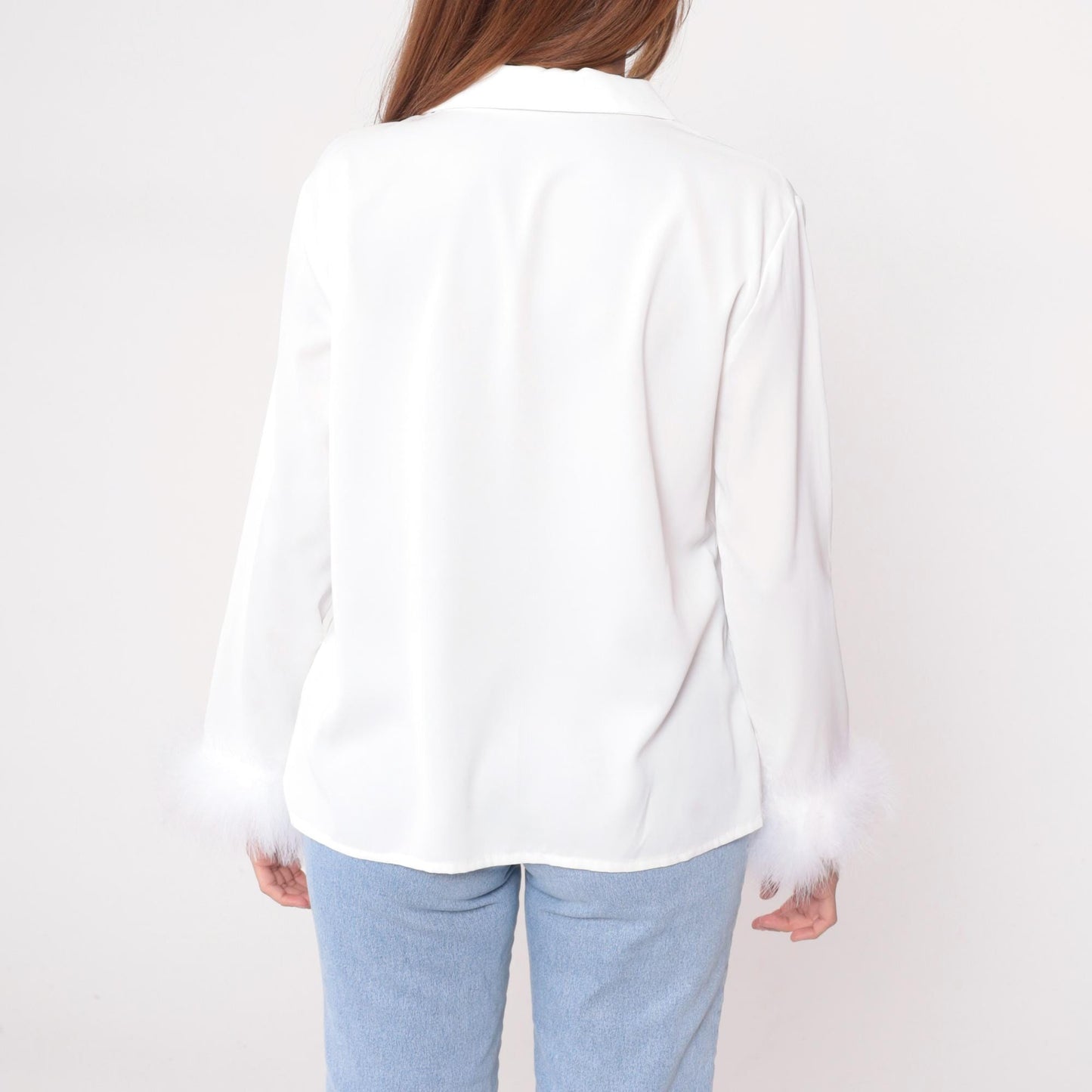 90s White Feather Trim Blouse Notched Collar Button-Up Long Sleeve Medium
