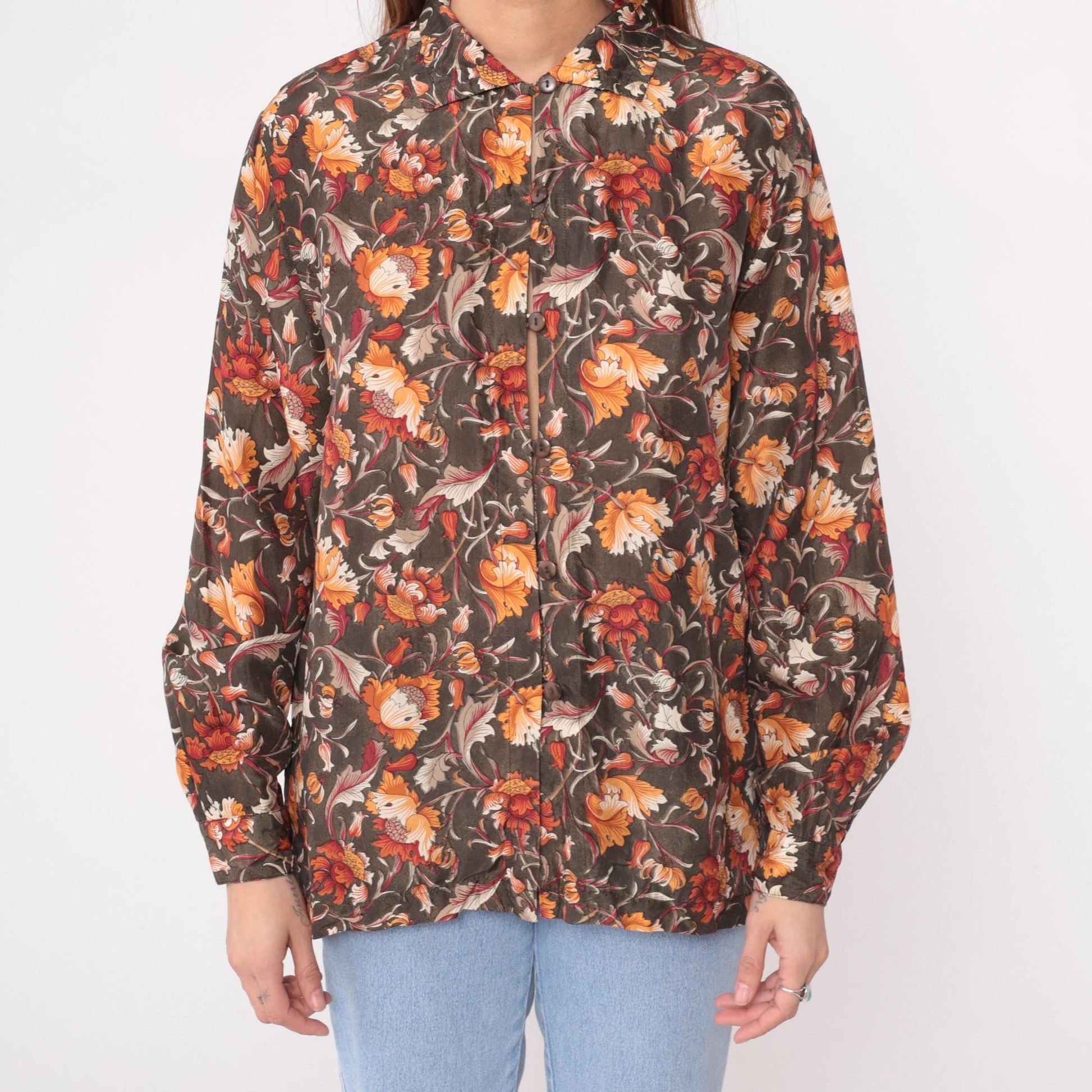 90s Silk Floral Button-Up Blouse Brown Orange Rust Cream Medium M