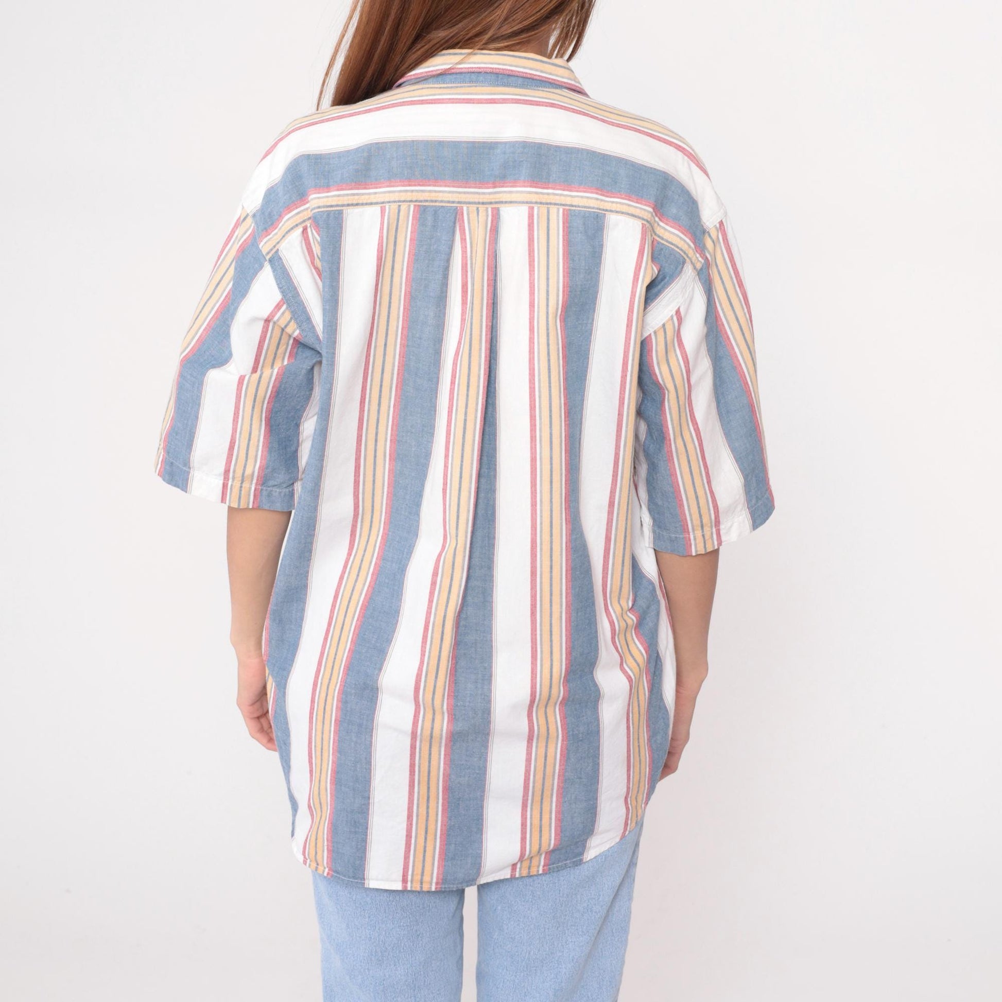 90s Dockers Striped Cotton Button-Up Shirt Blue White Pink Medium M