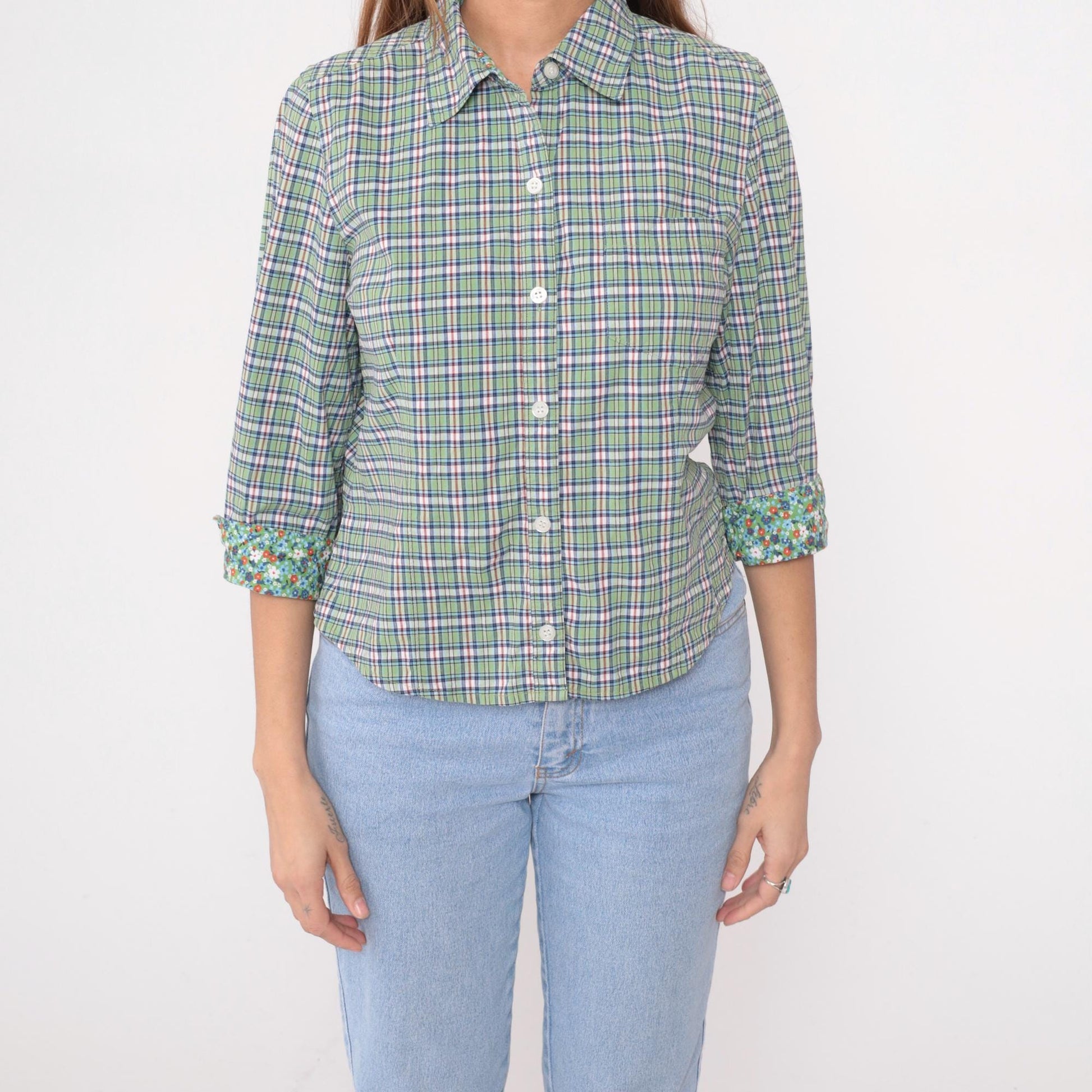Y2K Talbots Plaid Button-Up Shirt Green Blue Floral Cuff Medium