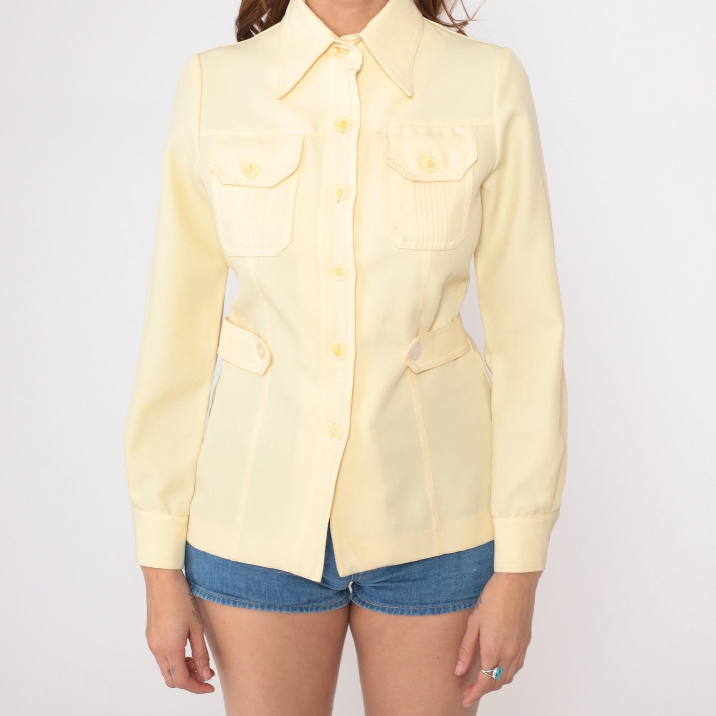 70s Yellow Safari Shirt Dagger Collar Button-Up Fitted Blouse Small
