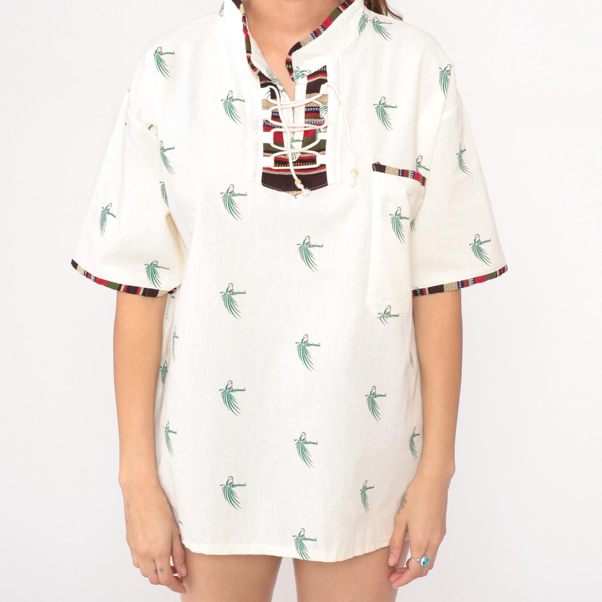 Y2K Guatemala Quetzal Bird Print Lace-Up Tunic Cream Cotton Short Sleeve Large L