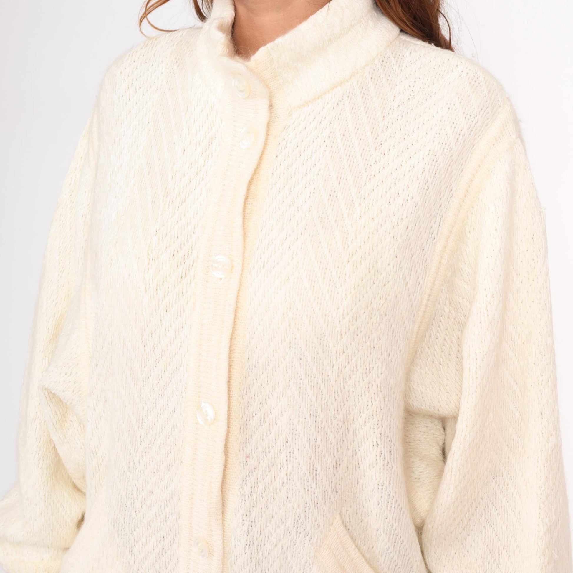 80s Leroy Cream Cardigan Open Lattice Knit Diamond Pattern Medium