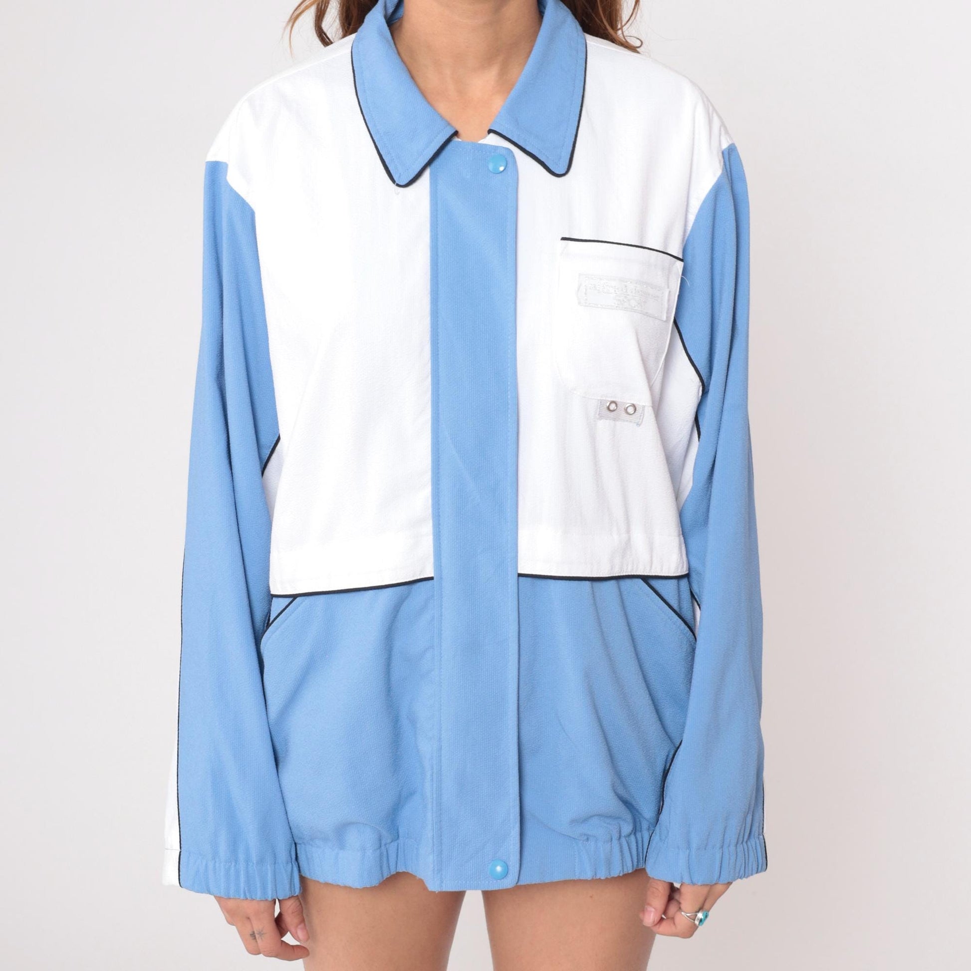 90s Alfred Dunner Color Block Windbreaker Blue White Geometric Jacket Large