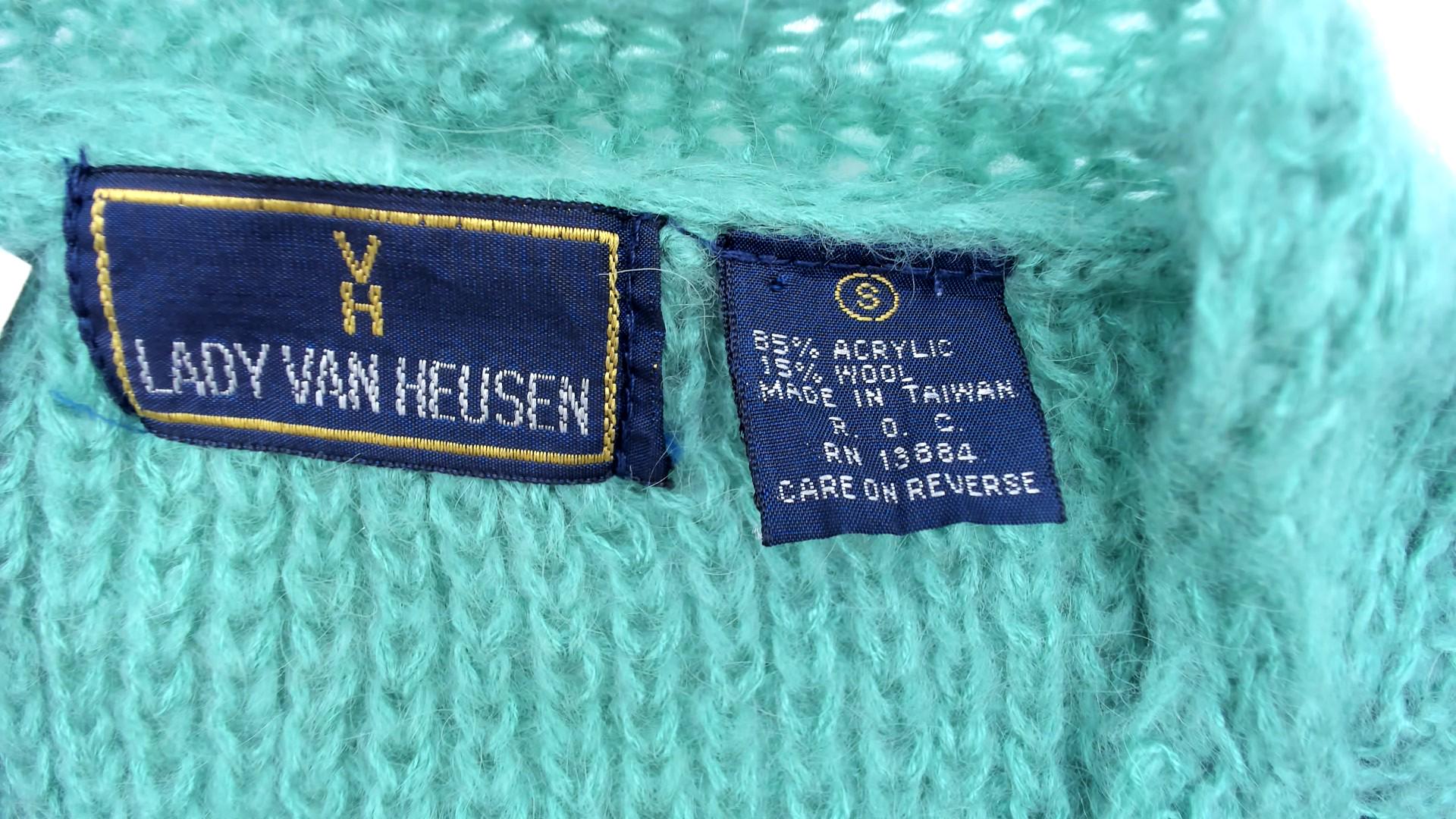 80s Lady Van Huesen Mint Green Cable Knit Sweater Vest V-Neck Small