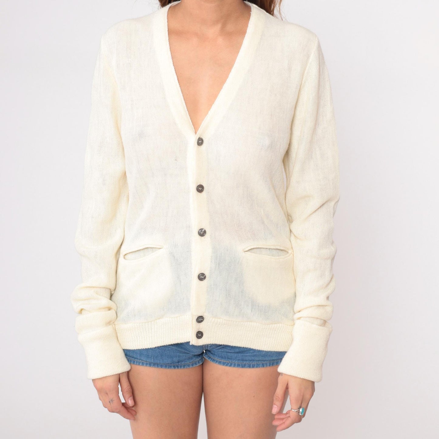 80s Cream Cardigan Button Front V-Neck Patch Pockets Knit Medium