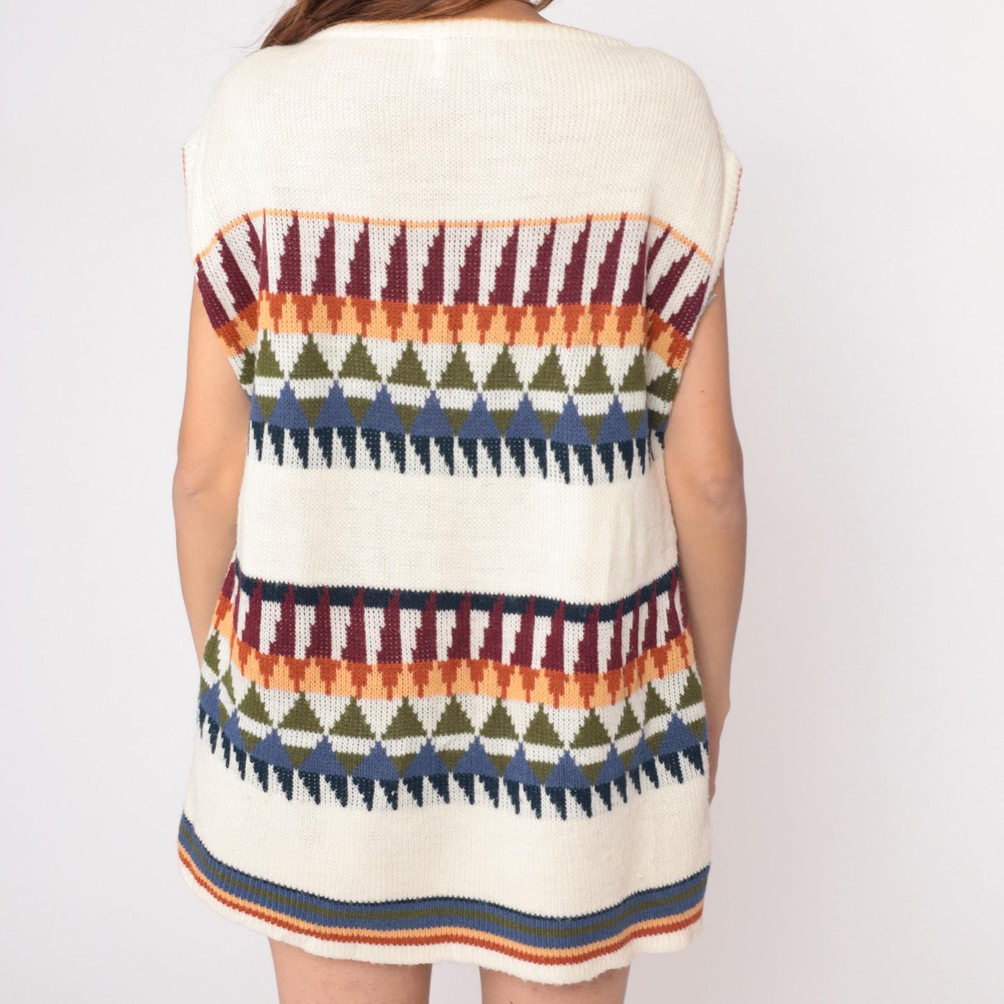 70s Herald Place Geometric Knit Vest Cream Burgundy Orange Blue Large