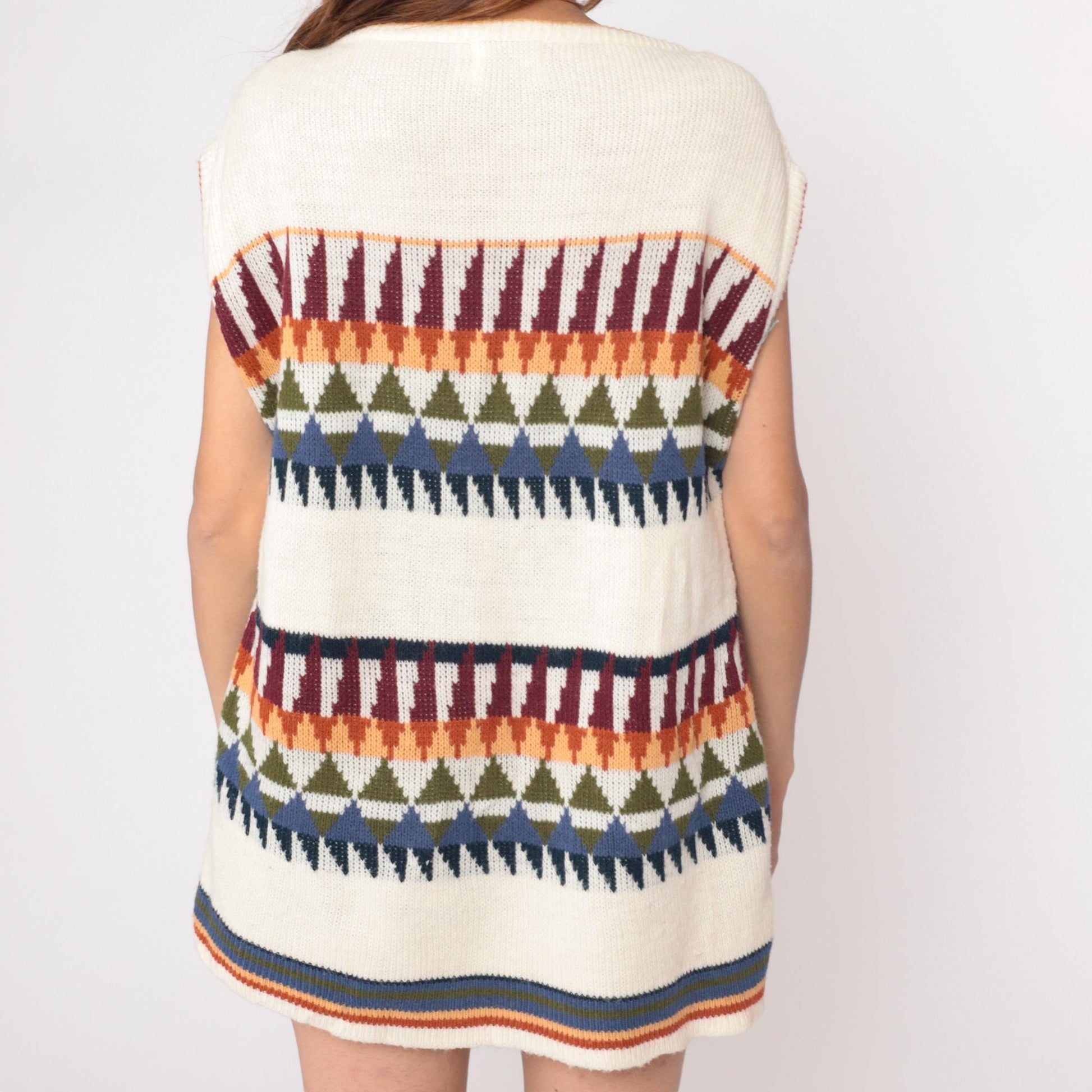 70s Herald Place Geometric Knit Vest Cream Burgundy Orange Blue Large