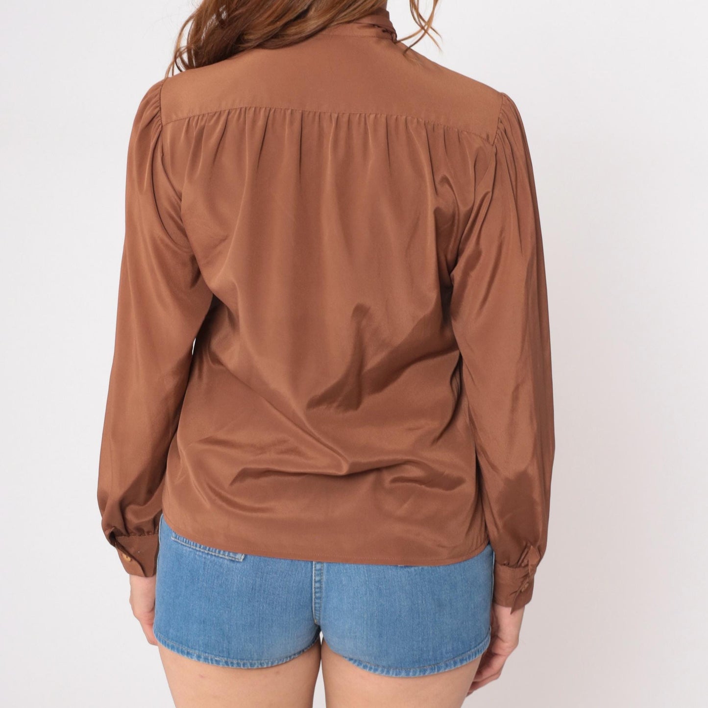 80s Brown Pussy Bow Blouse Long Sleeve Button Front Office Shirt Medium