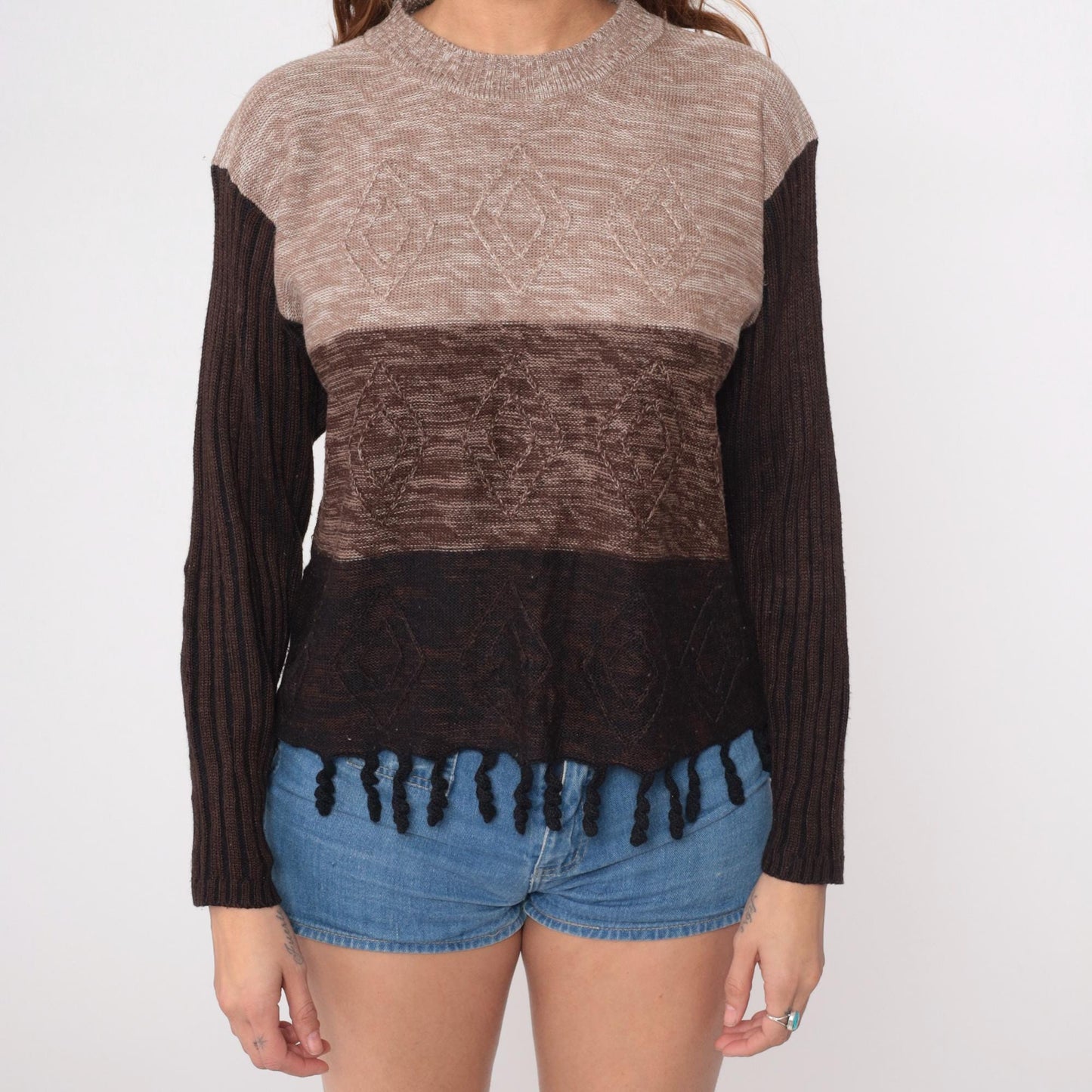 90s Color Block Striped Knit Sweater Brown Tan Fringe Hem Medium M