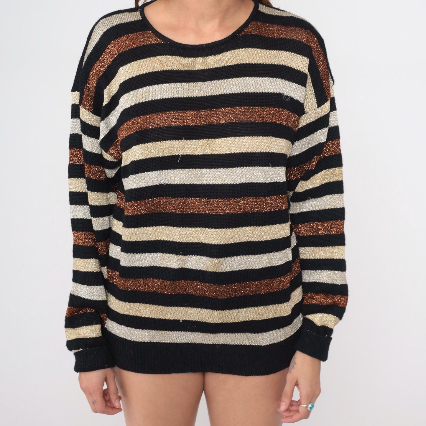 80s Casual Corner Metallic Striped Wool Sweater Black Cream Copper Medium