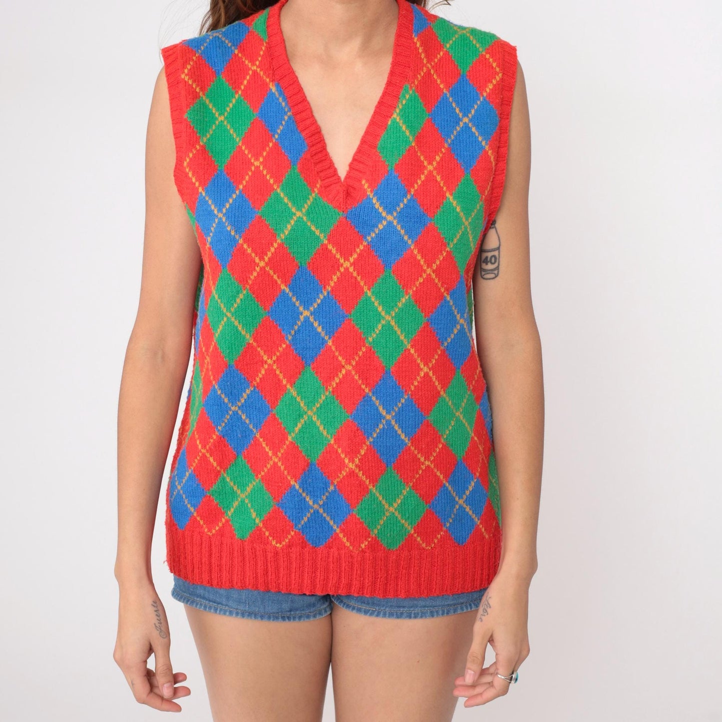 80s Adrie Matheson Hand Knit Argyle Vest V-Neck Multicolor Diamond Medium