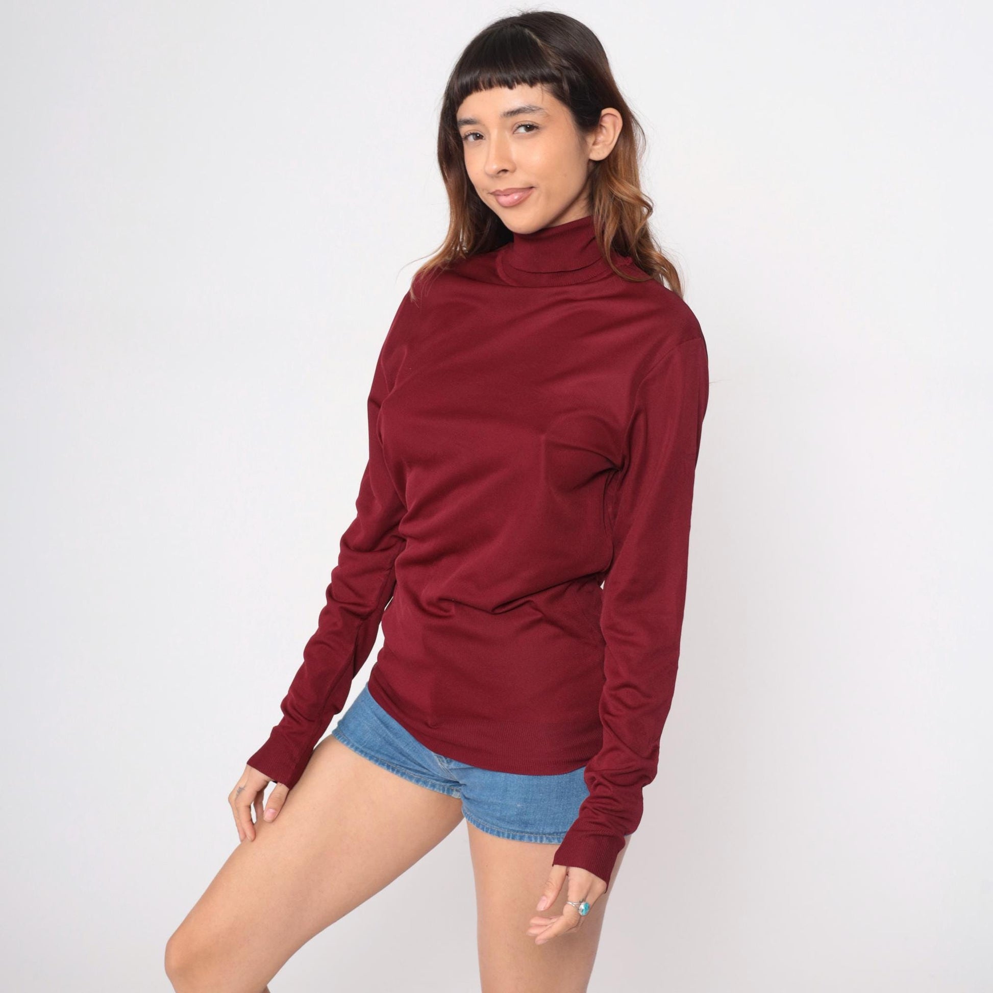 70s Burgundy Turtleneck Long Sleeve Ribbed Knit Pullover Extra Large