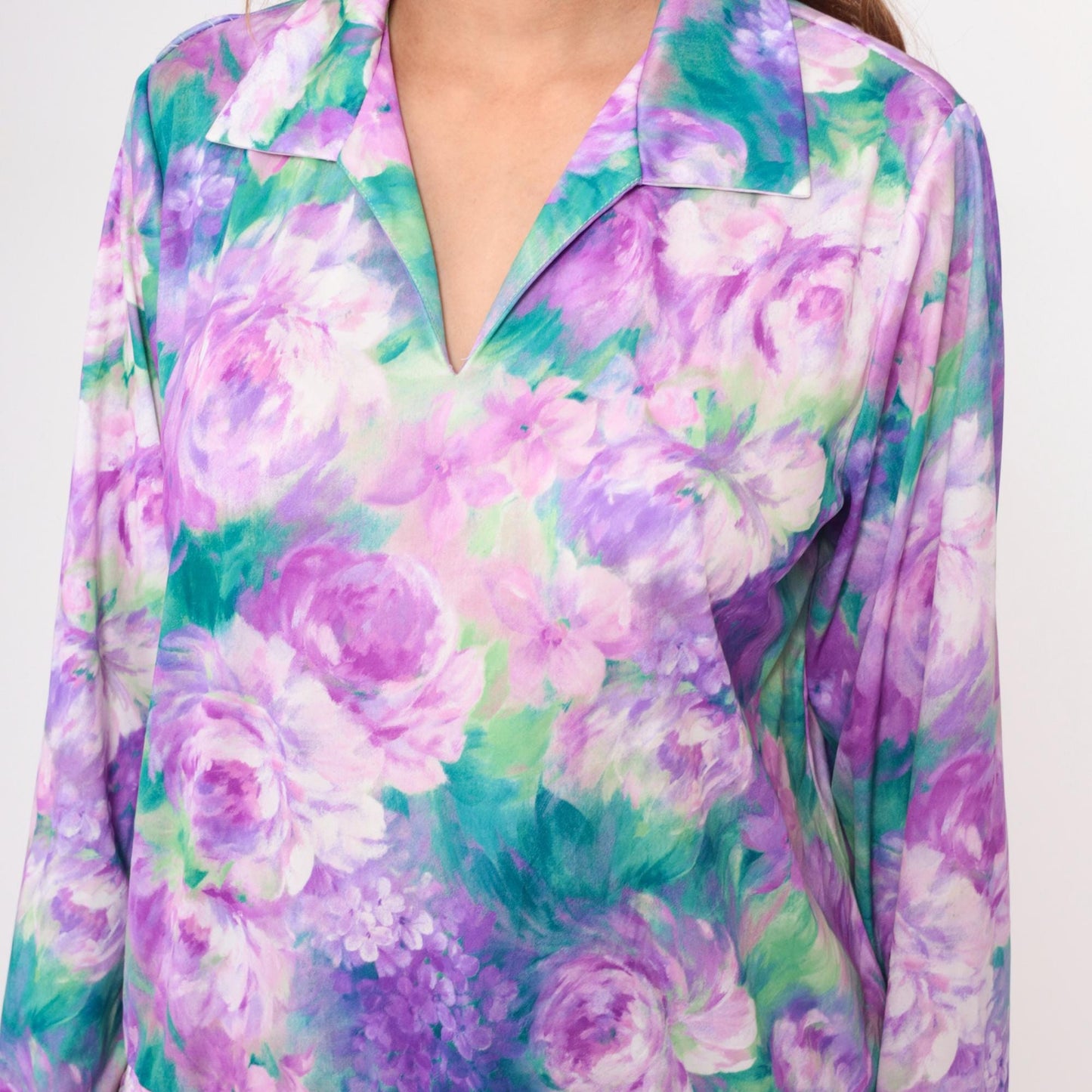 80s Anthony Richards Floral Blouse Purple Lavender Rose Print V-Neck Extra Large