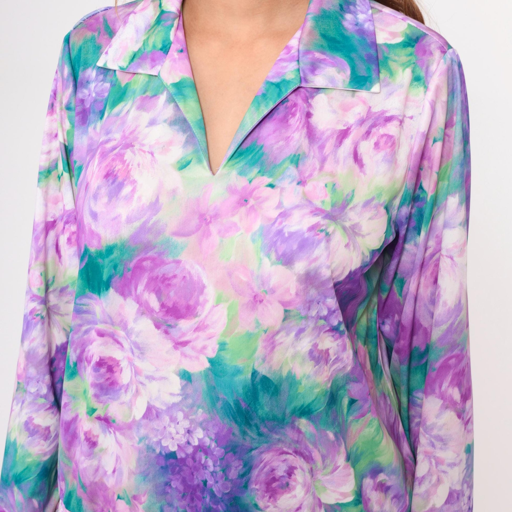 80s Anthony Richards Floral Blouse Purple Lavender Rose Print V-Neck Extra Large