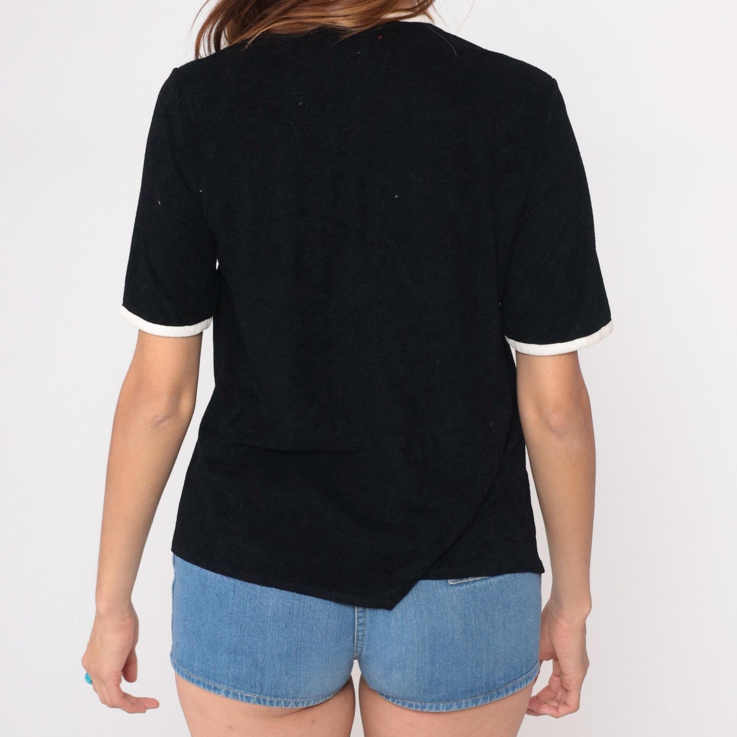 70s St Michael Black Shirt White Contrast Trim Short Sleeve Small