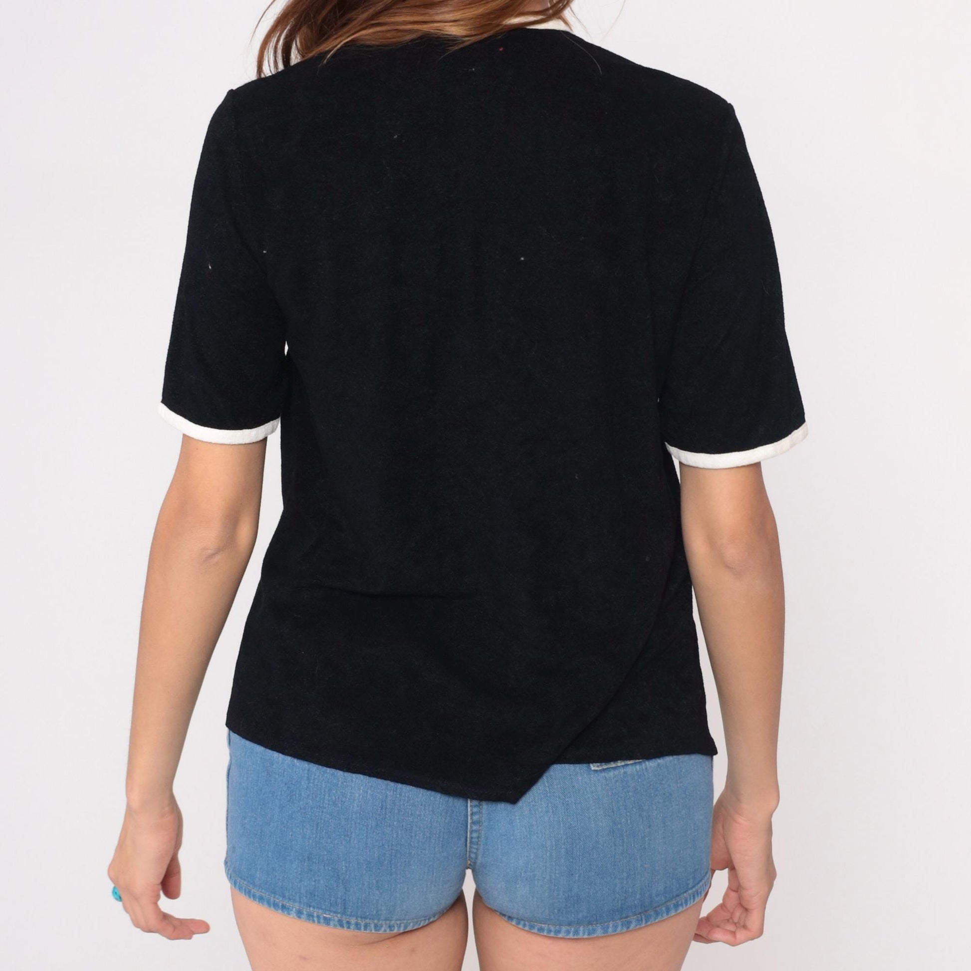 70s St Michael Black Shirt White Contrast Trim Short Sleeve Small