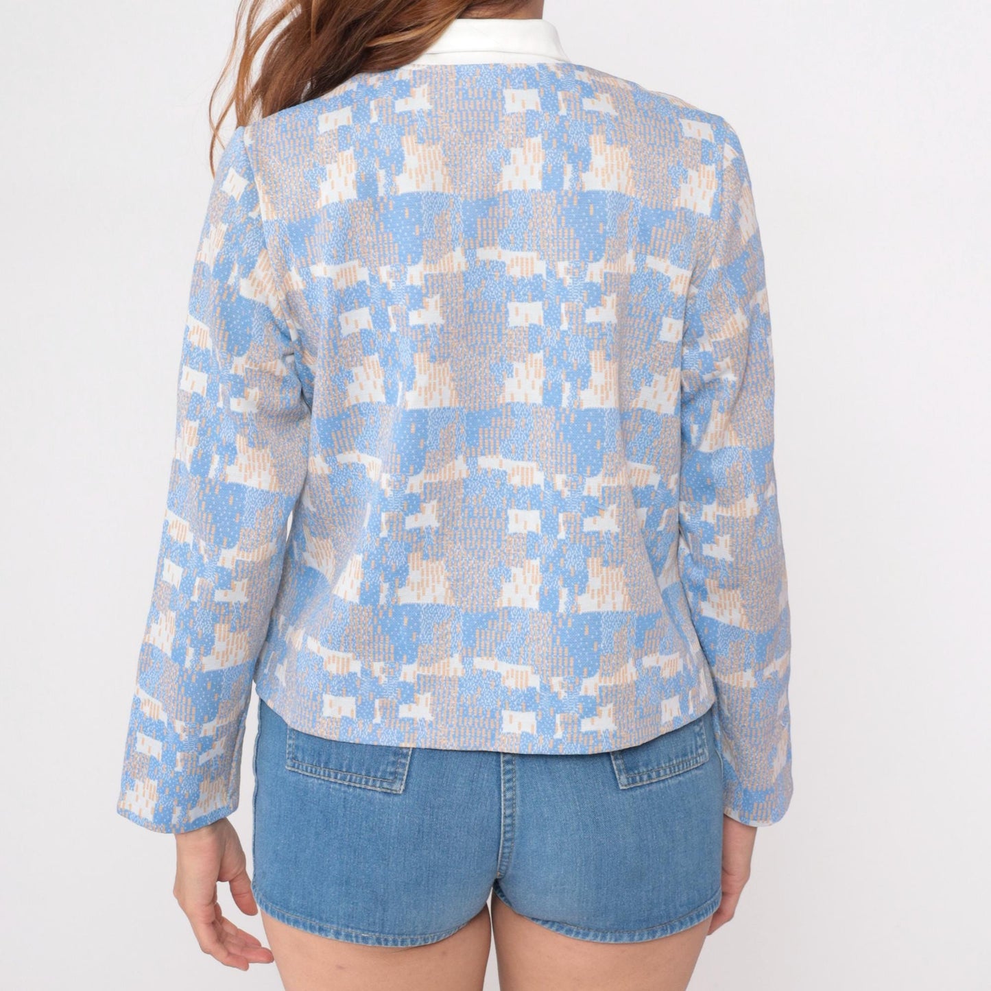 70s Geometric Pixelated Blazer Blue Cream Tan Notched Collar Cropped Medium