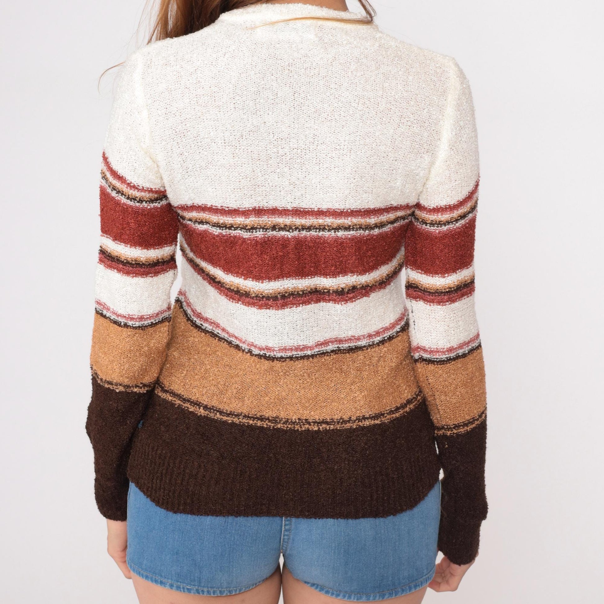 70s Striped V-Neck Pullover Sweater Cream Rust Brown Tan Small