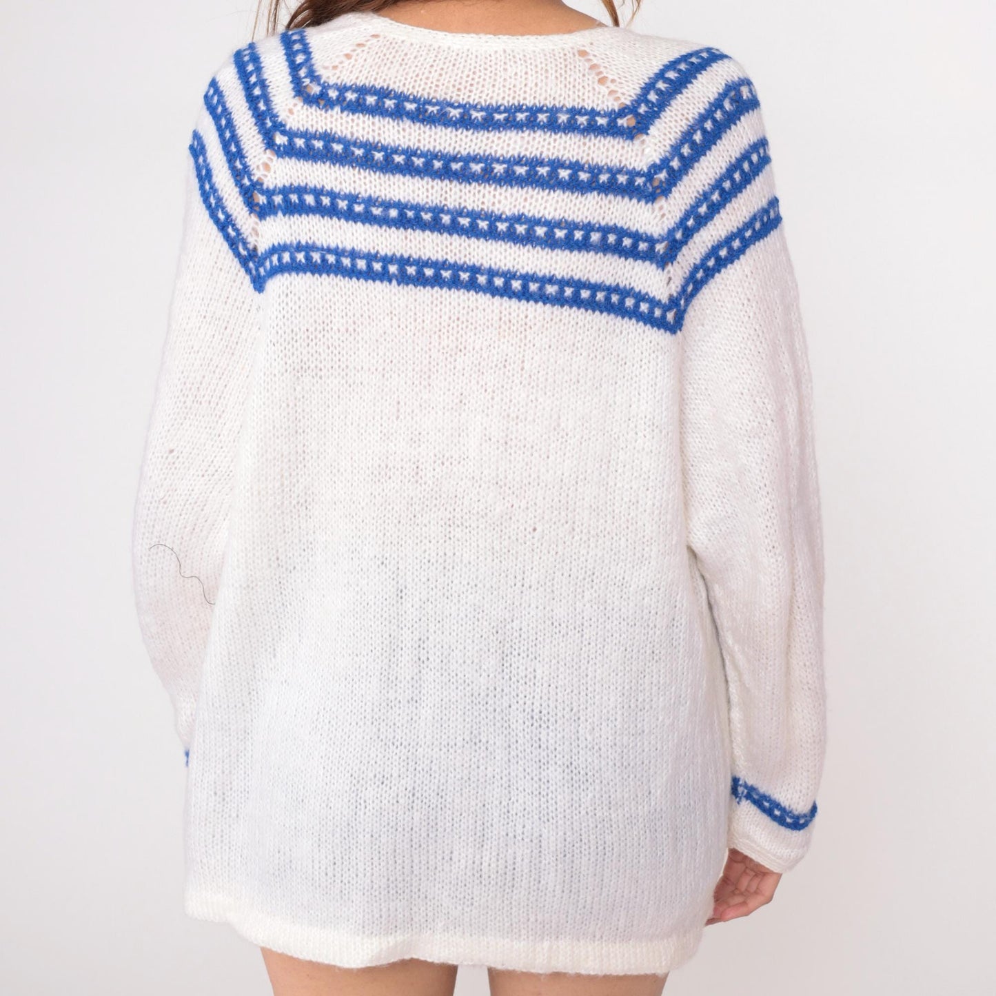 70s White Knit Cardigan Blue Striped Trim V-Neck Long Sleeve Medium