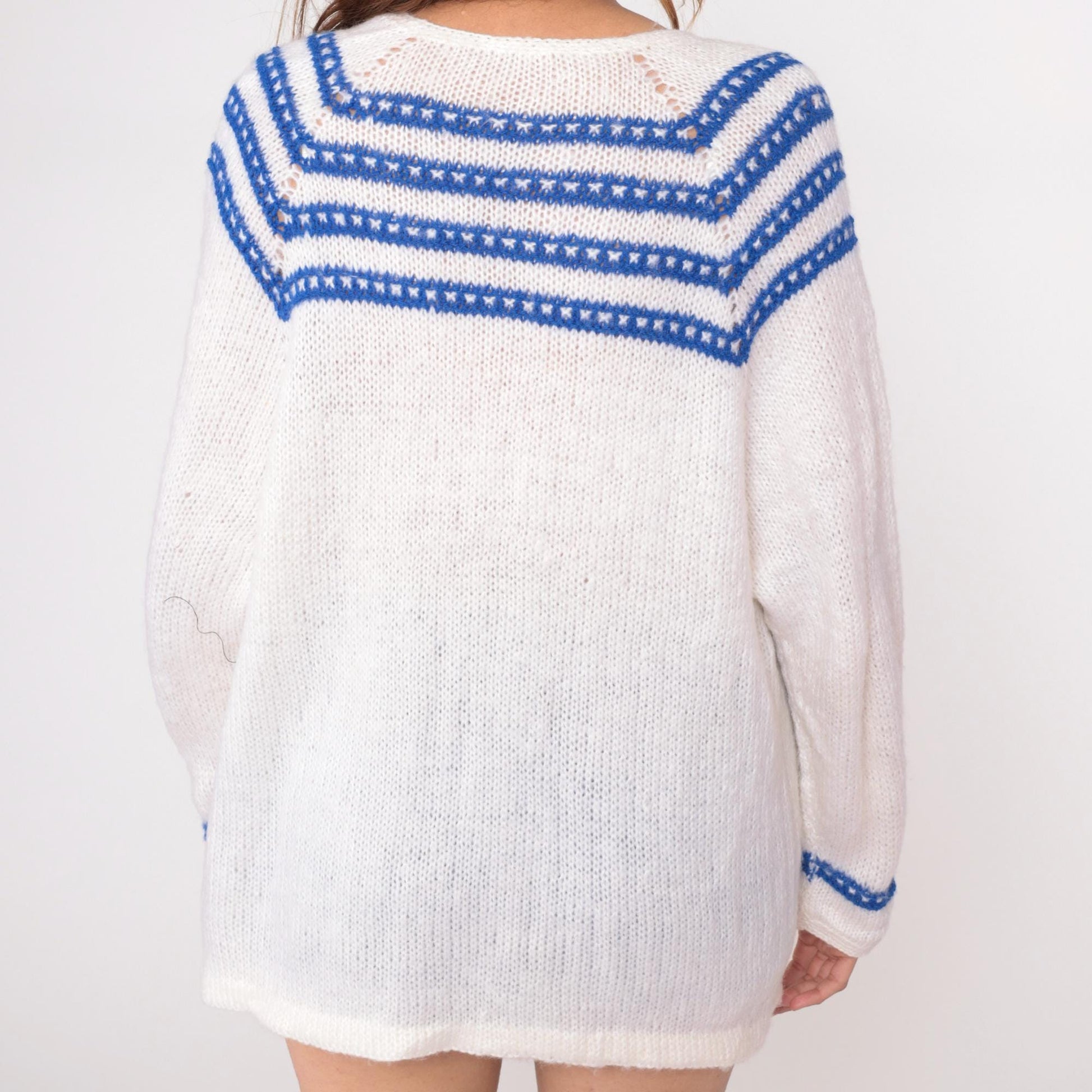 70s White Knit Cardigan Blue Striped Trim V-Neck Long Sleeve Medium