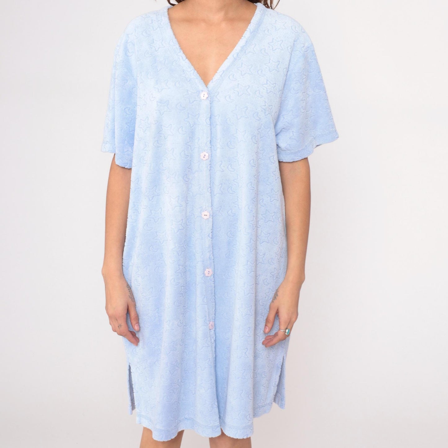 80s Goodnight Celestial Housedress Moon Stars Periwinkle Blue Knee Length Large