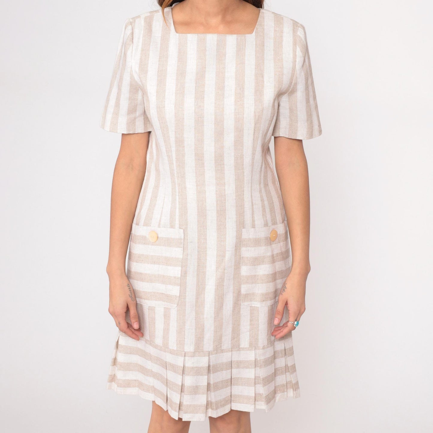80s Jessica Howard Striped Dress Square Neckline Pleated Knee-Length Beige Medium