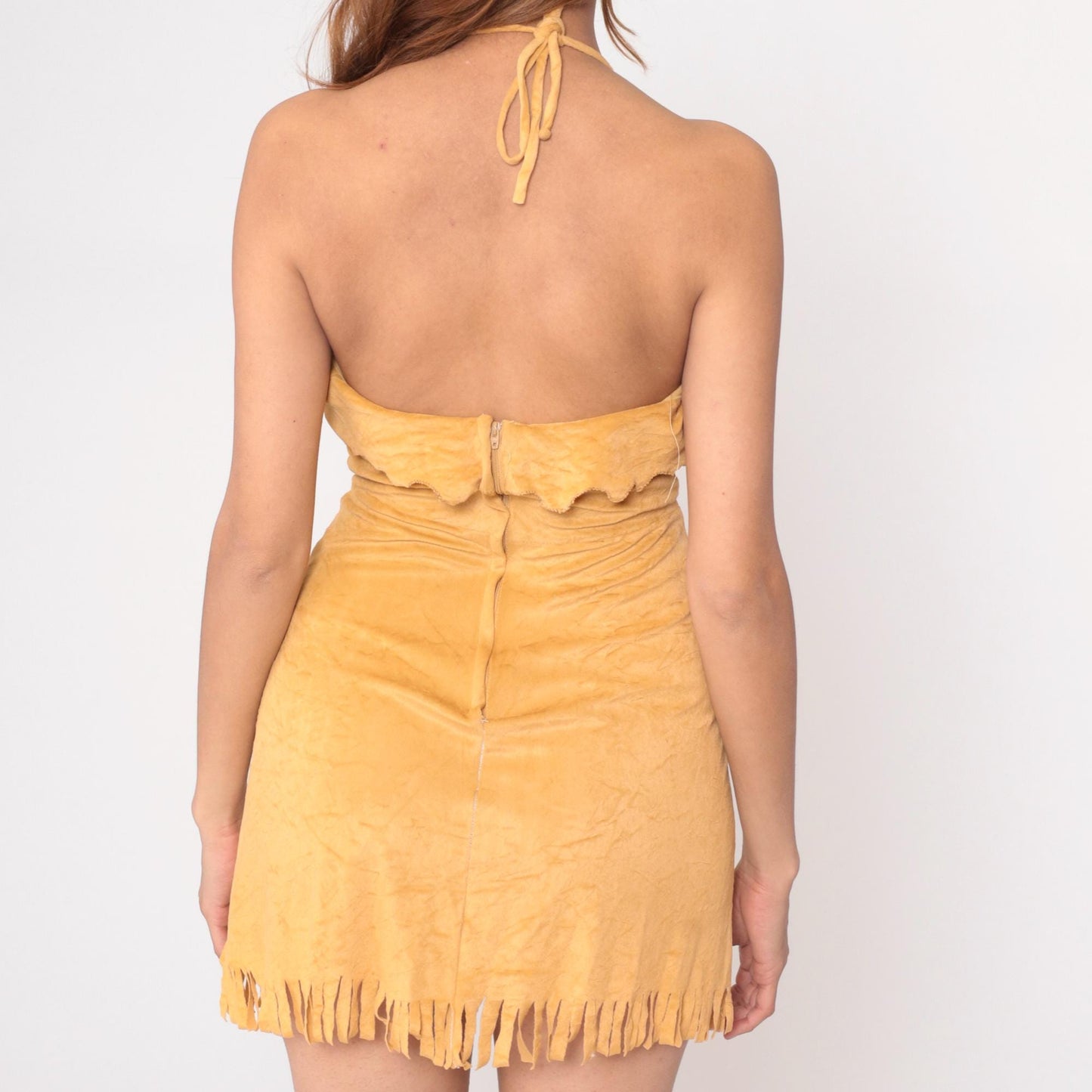 90s Coco Loco Yellow Halter Mini Dress Fringe Hem Medium M