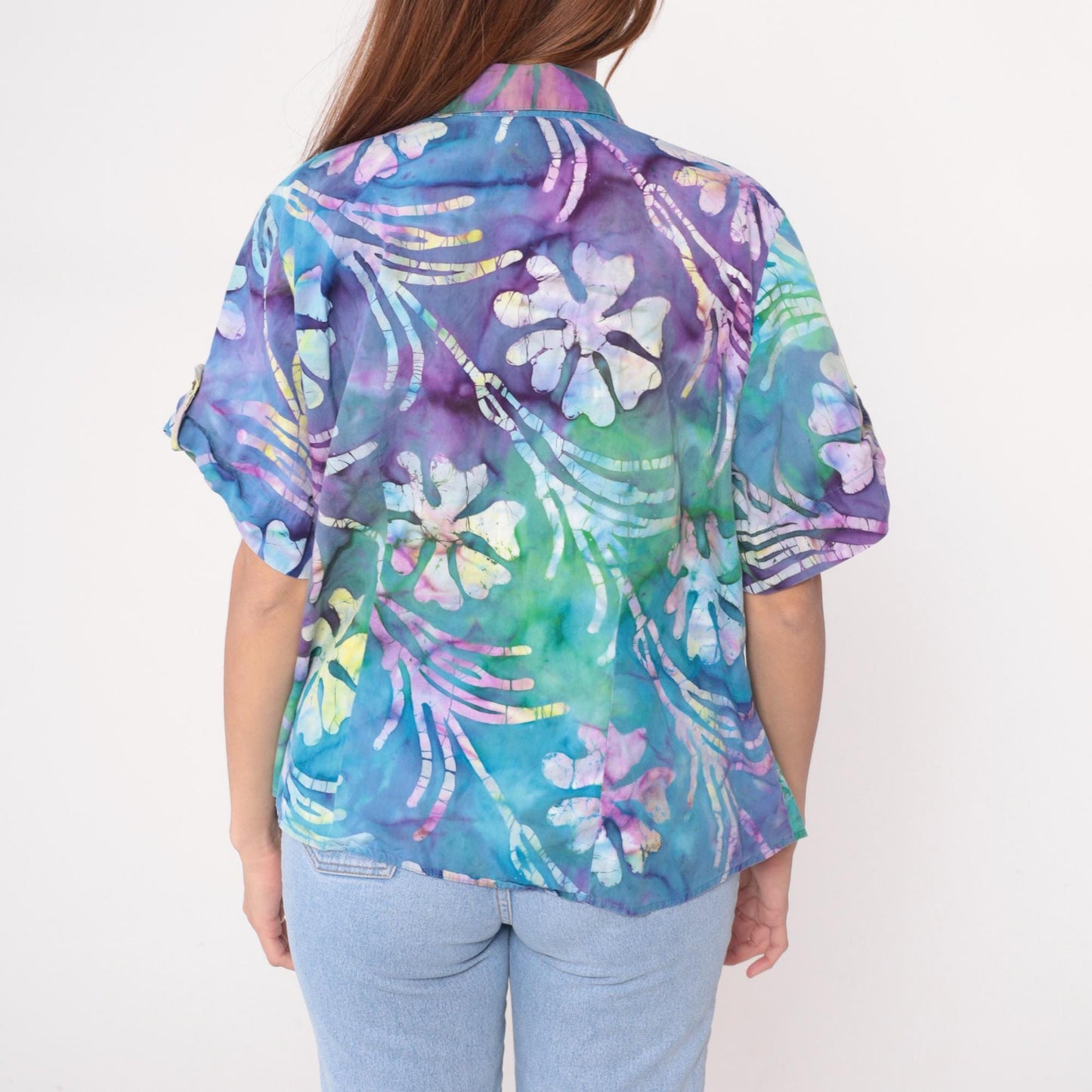 Y2K Caribbean Joe Tropical Floral Button-Up Shirt Purple Blue Green Plus Size 1X