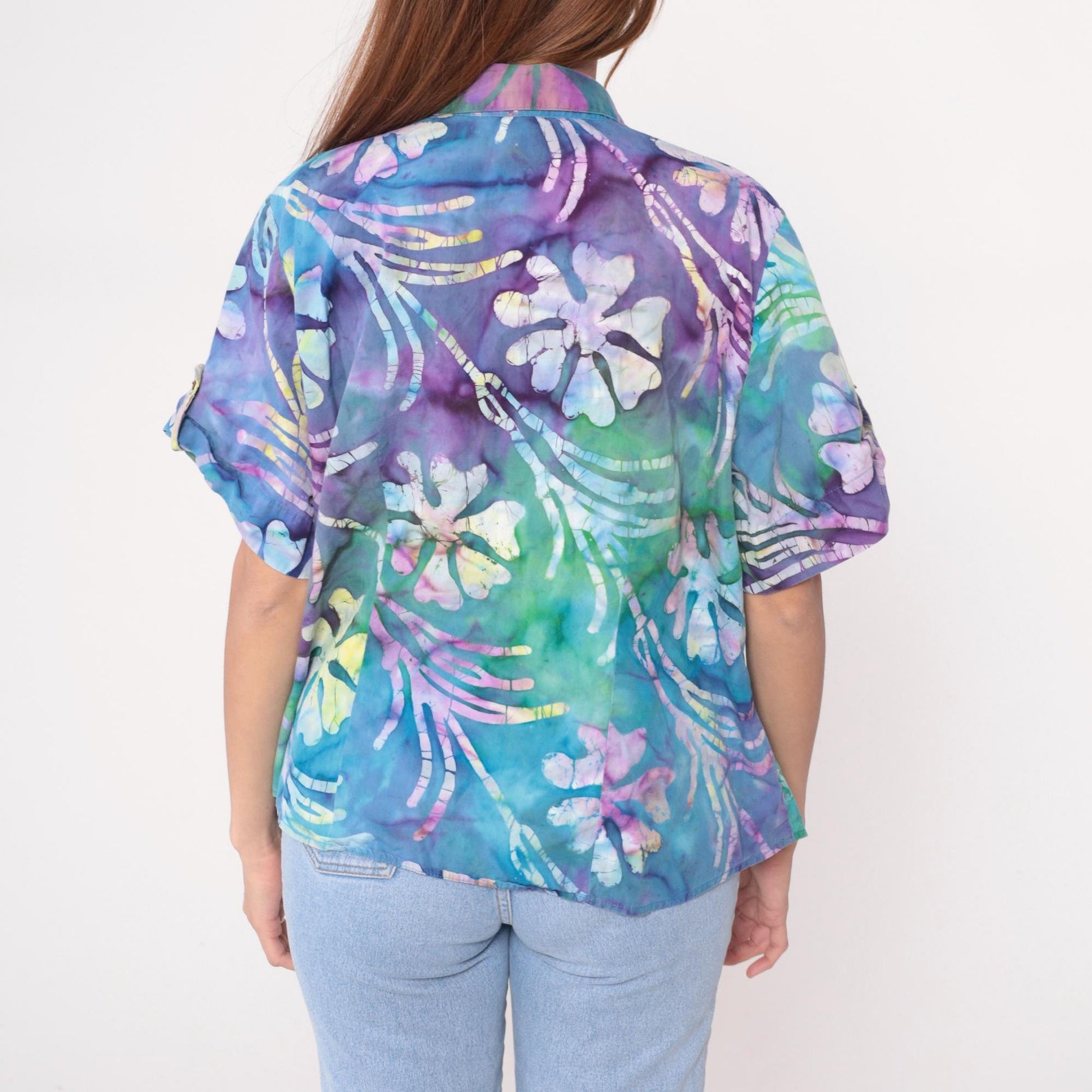 Y2K Caribbean Joe Tropical Floral Button-Up Shirt Purple Blue Green Plus Size 1X