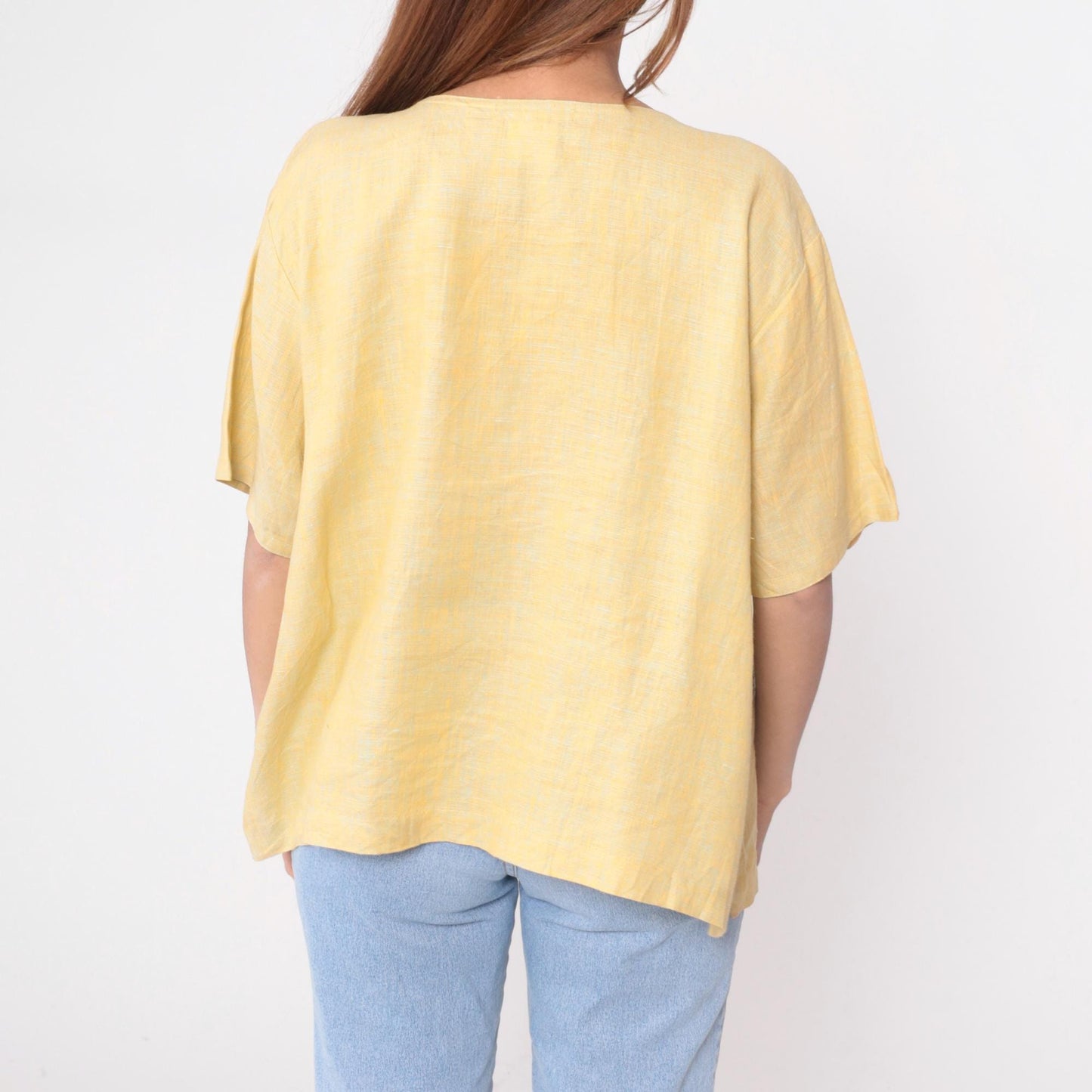 90s Nino Wong Yellow Linen Blouse Geometric Appliqué Short Sleeve Large L
