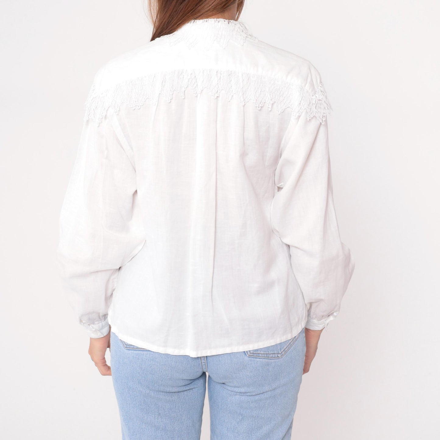 90s Carol Bird White Blouse Embroidered Lace Yoke Smocked Shoulders Medium