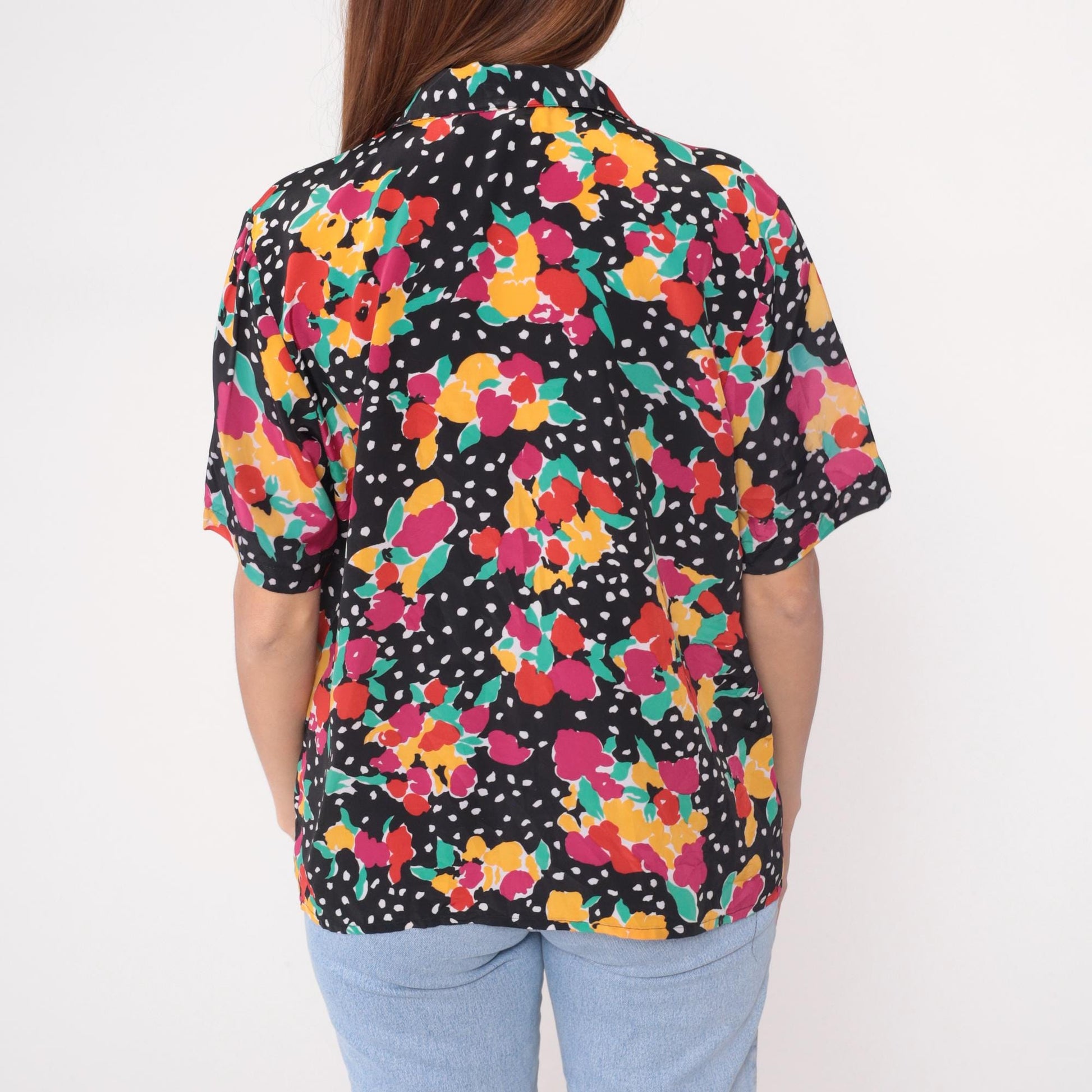 90s Impressions of California Black Floral Polka Dot Short Sleeve Blouse Large L