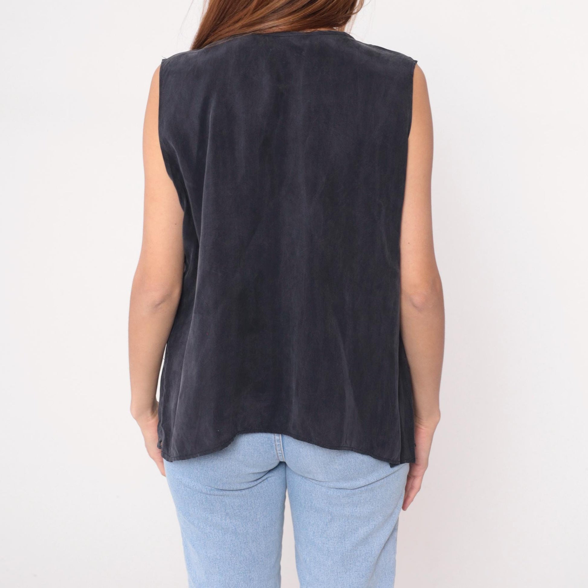 90s Black Rayon Tank Top Scoop Neck Sleeveless Camisole Large L