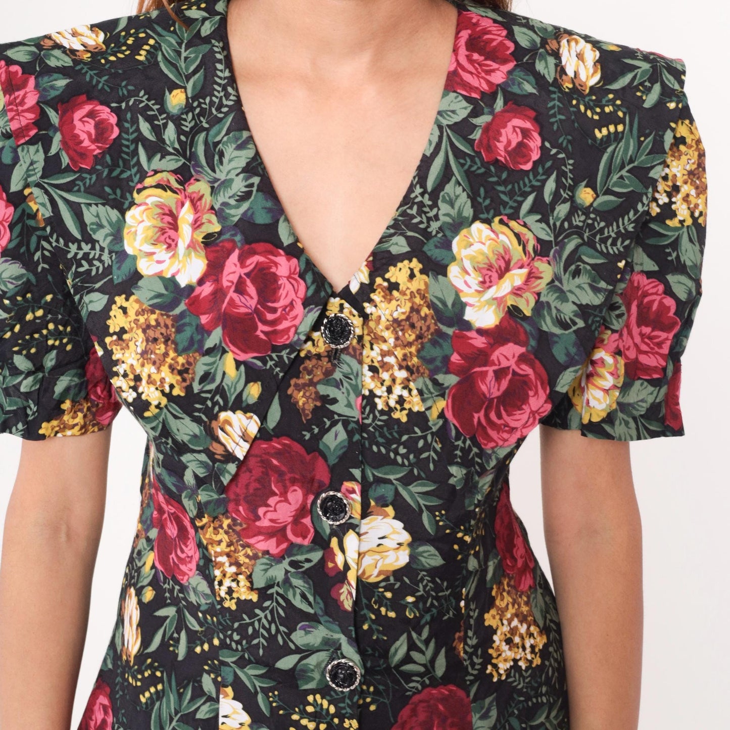 90s All That Jazz Floral Mini Dress Black Button Front V Neck Puff Sleeve Large
