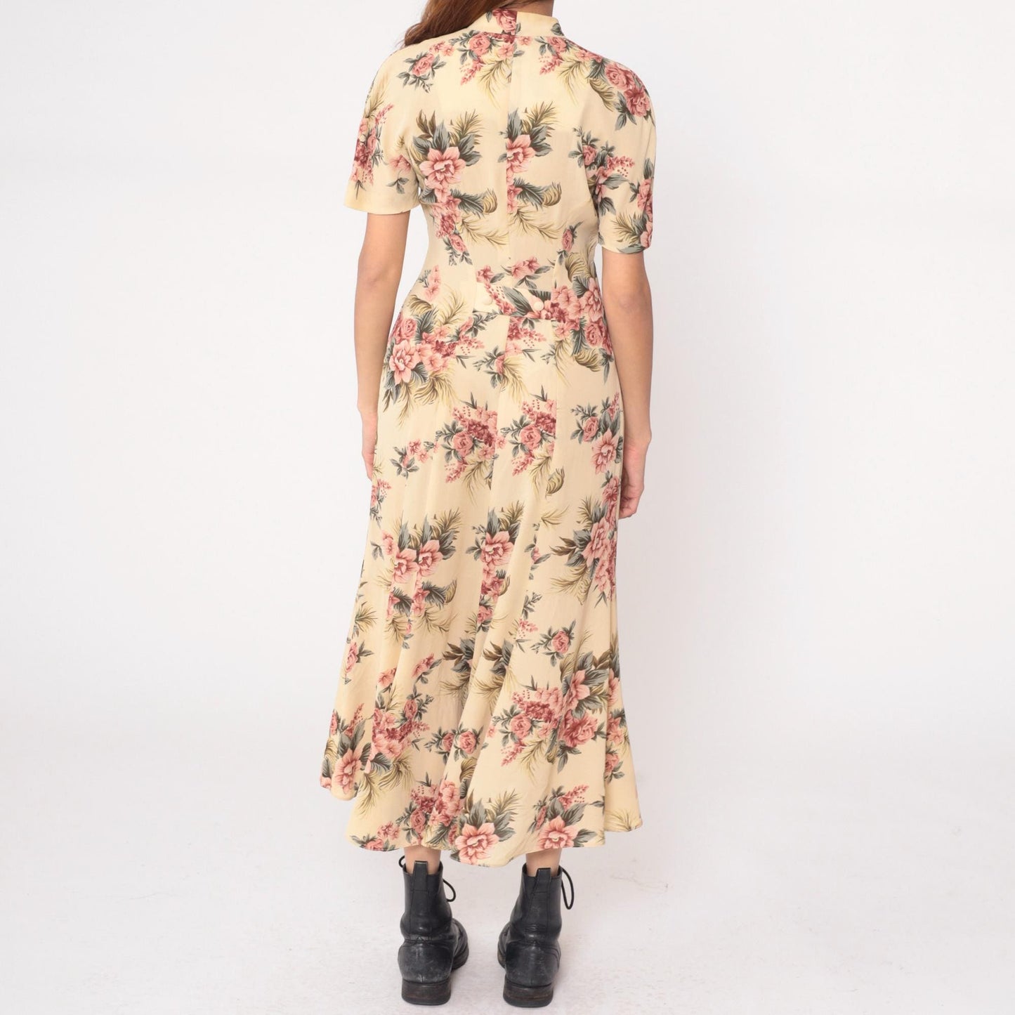 90s Yellow Floral Maxi Dress Pink Roses V-Neck Short Sleeve Medium