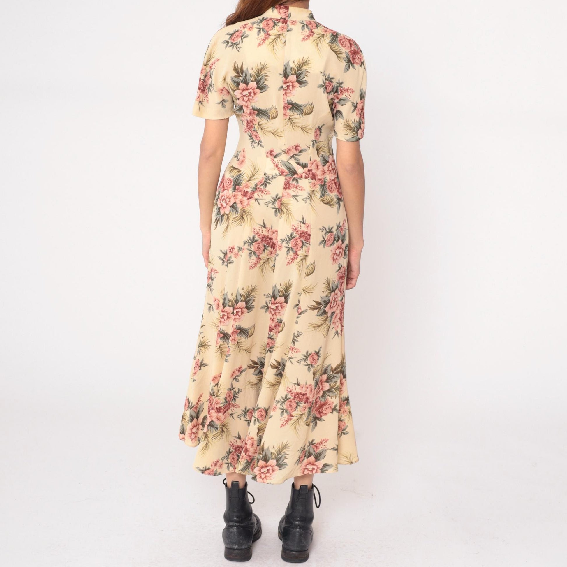 90s Yellow Floral Maxi Dress Pink Roses V-Neck Short Sleeve Medium