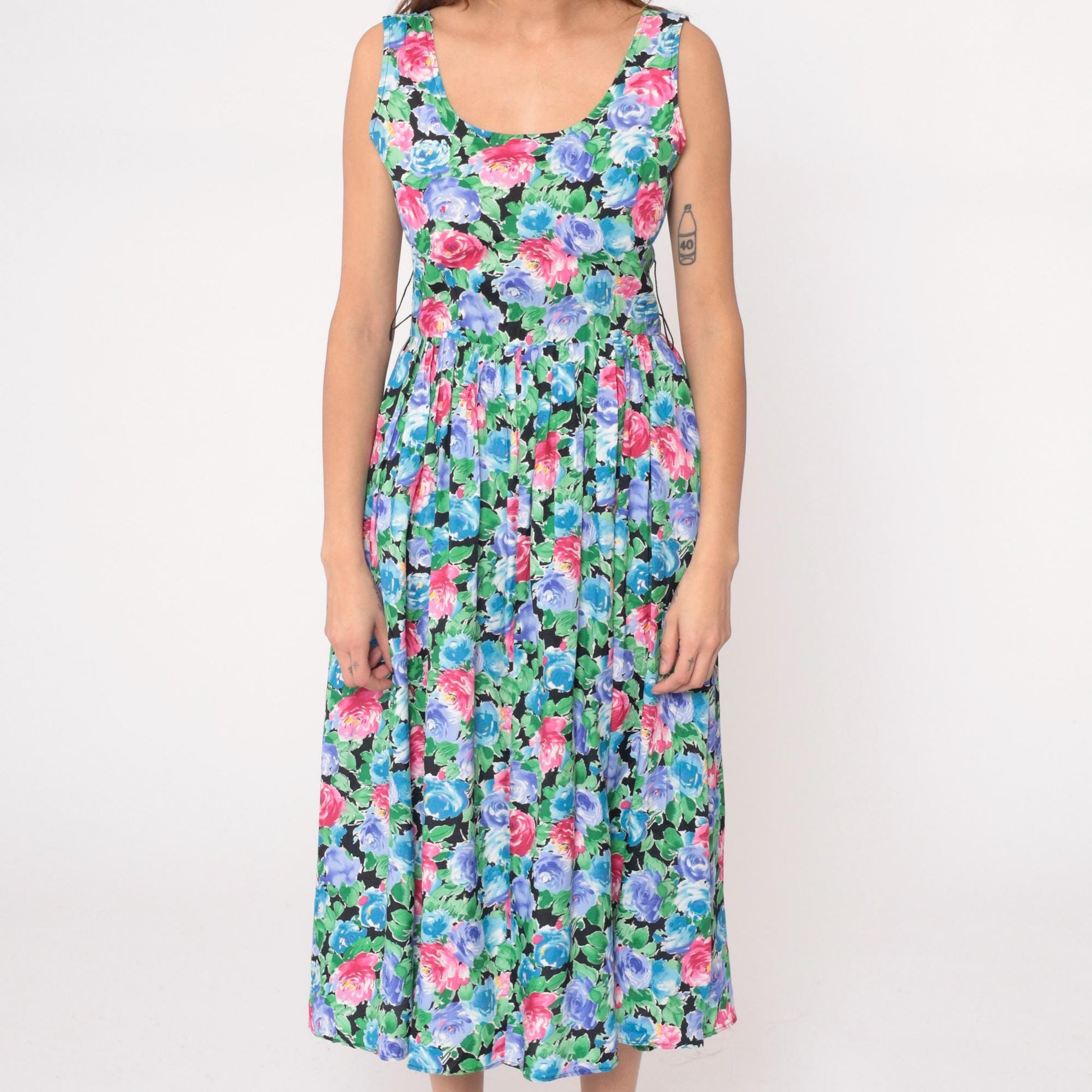 90s Warren Z Floral Maxi Dress Watercolor Rose Print Sleeveless Small