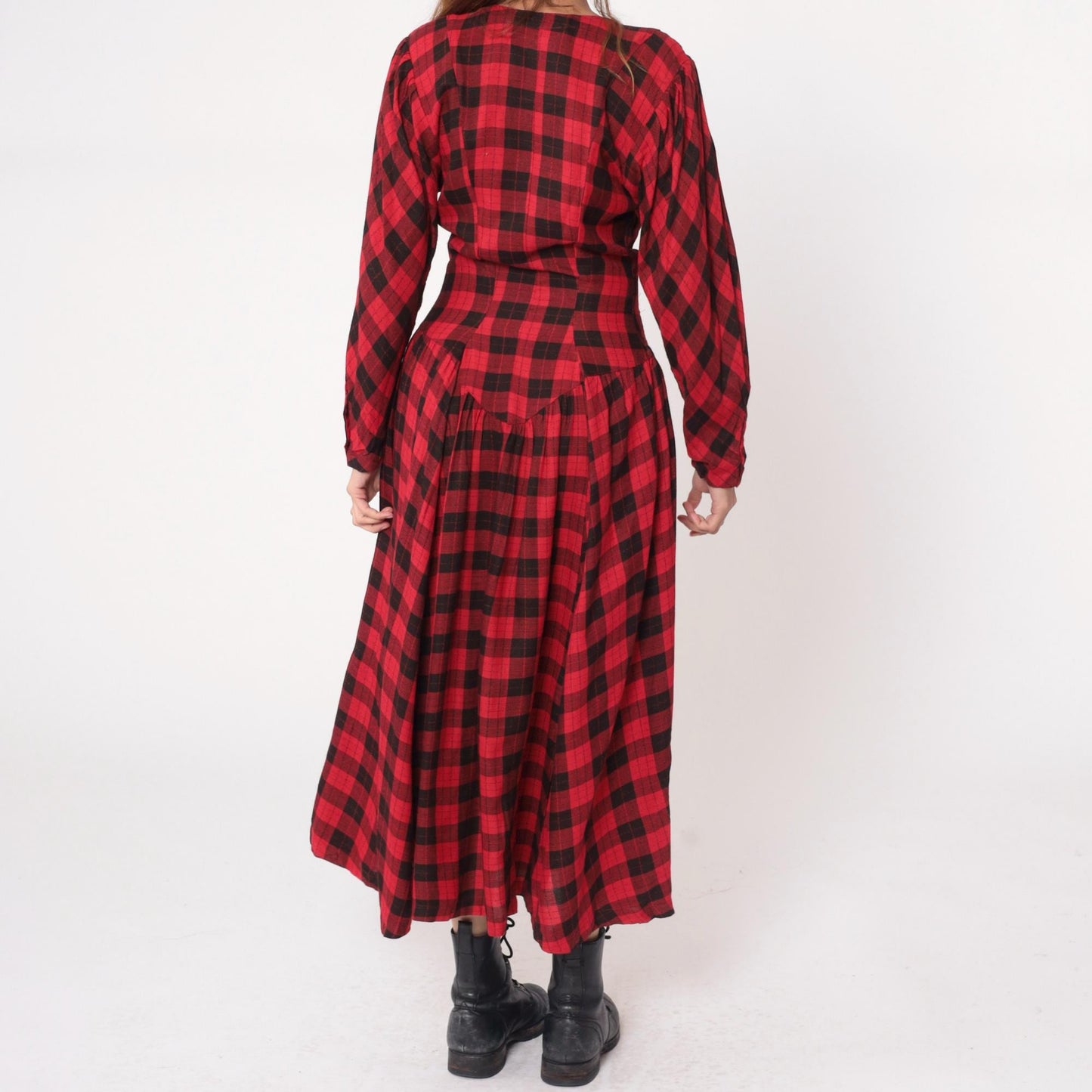 90s Phool Buffalo Plaid Maxi Dress Red Black Check Button Front Medium M