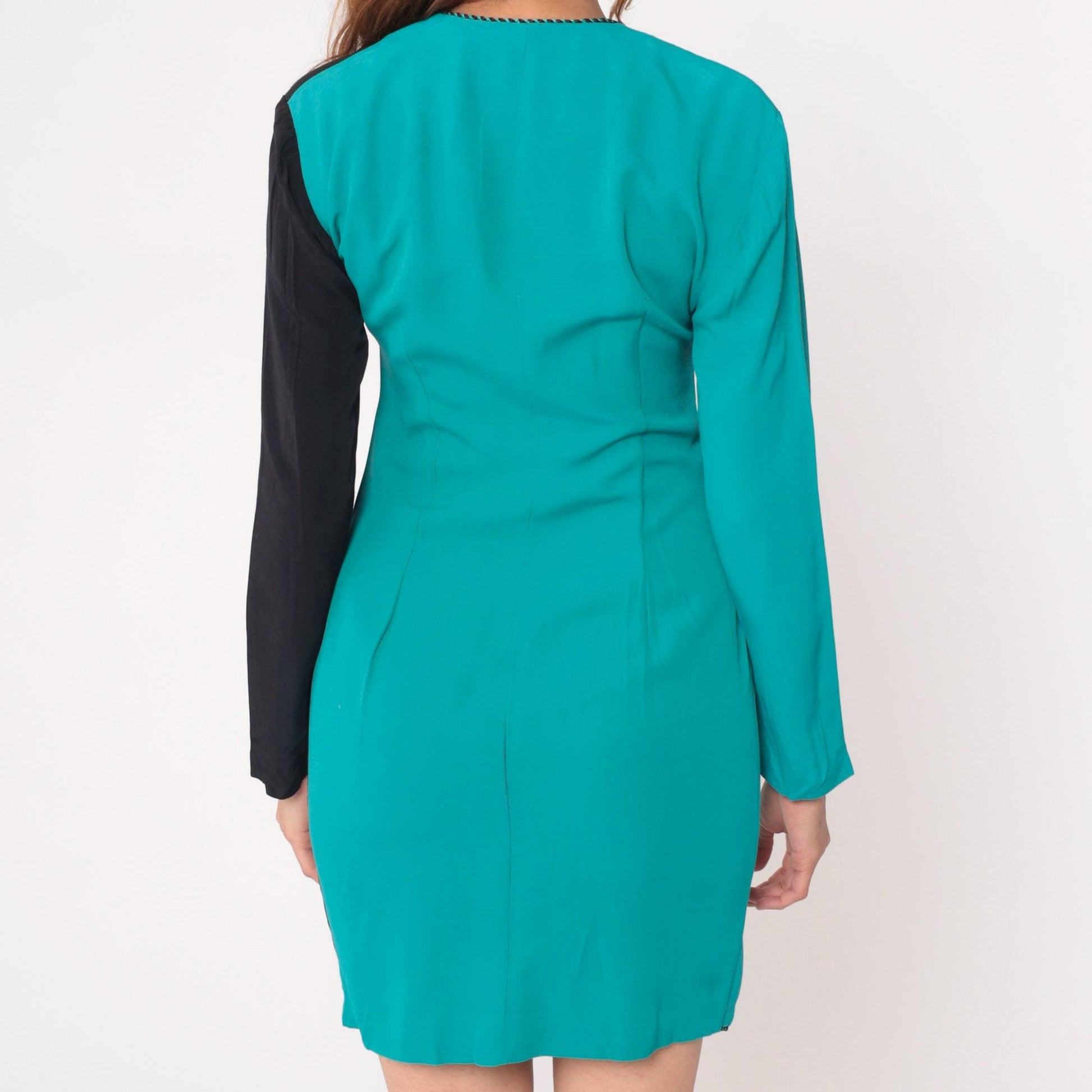90s Sarah Taylor Colorblock Dress Teal Black Button Front Knee Length Small