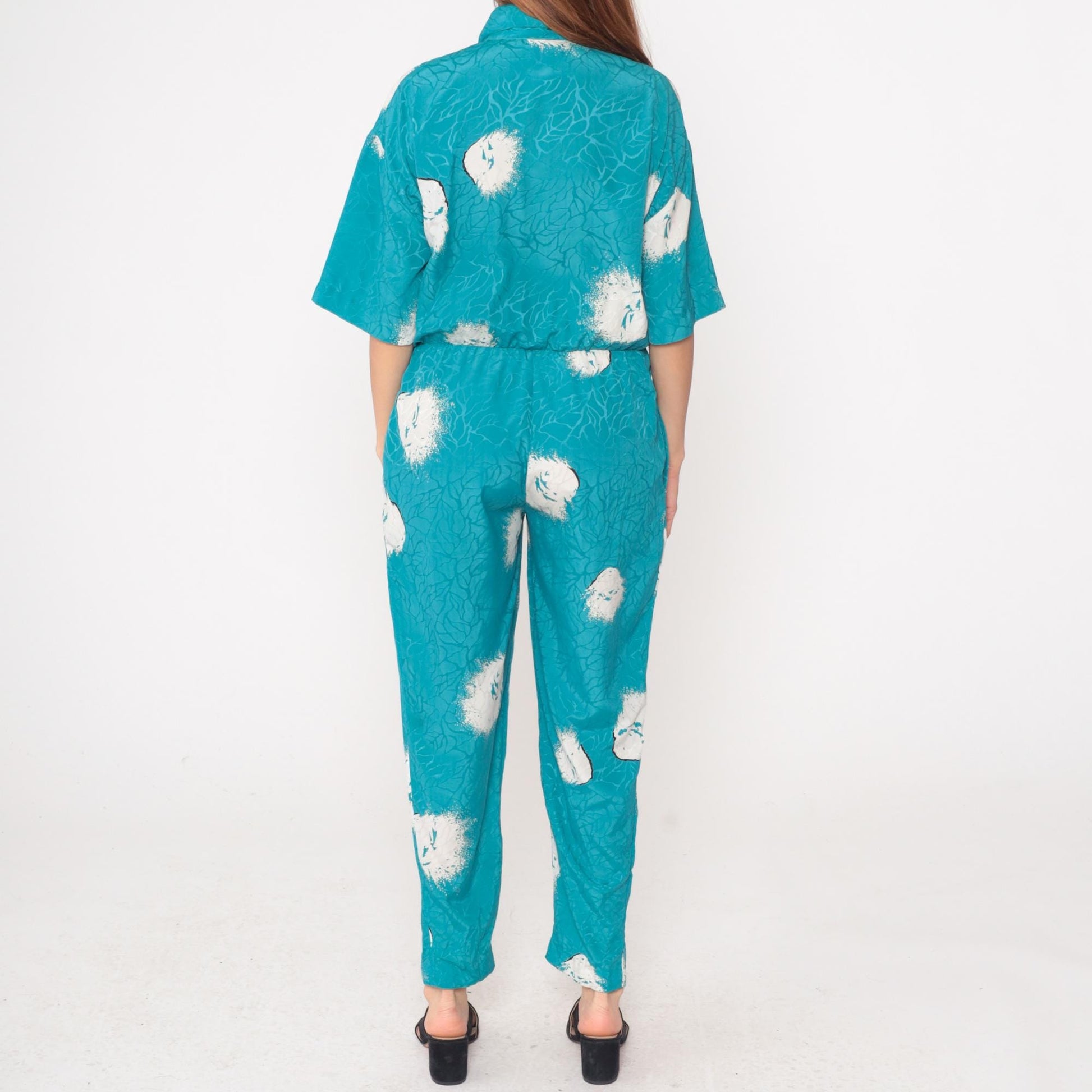 80s Turquoise Jumpsuit Floral Print Button Front Notched Collar Medium M