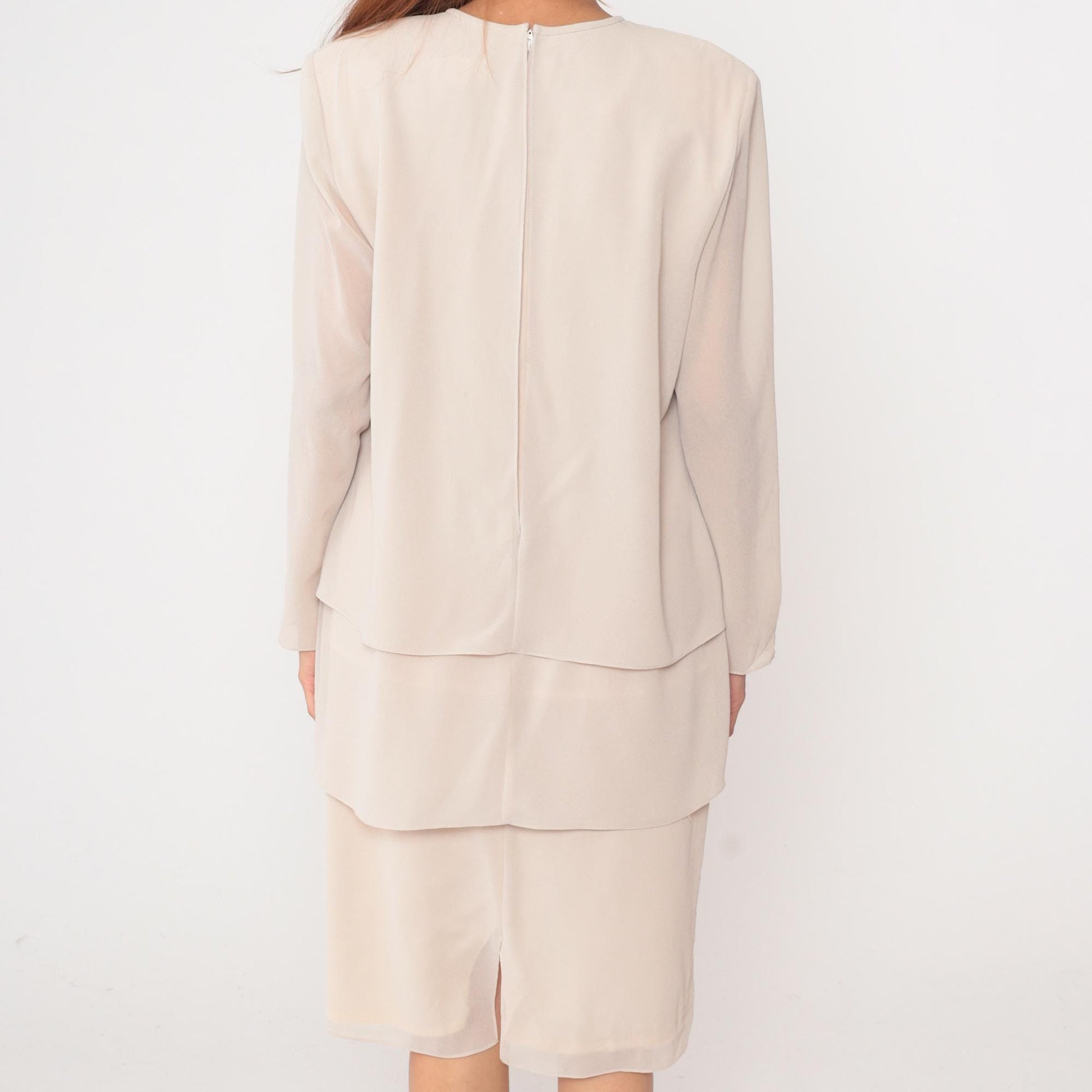 90s After Dark Cream Layered Dress Long Sleeve Round Neck Large L