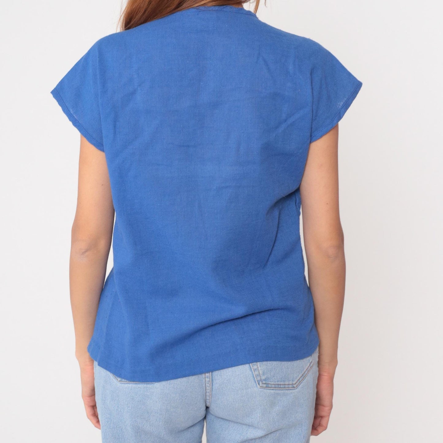 80s Catalina Cotton Blue Button Blouse Gathered Yoke Cap Sleeves Medium