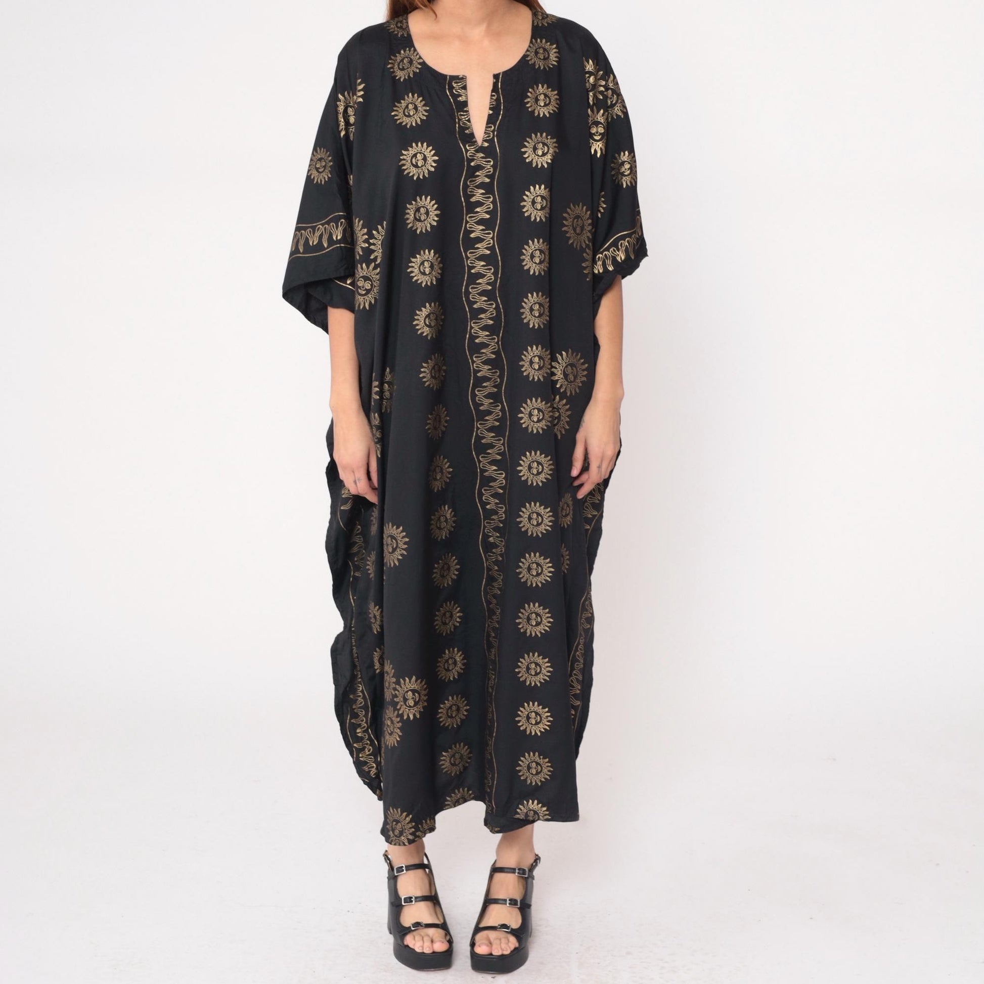 Y2K Black Caftan Sun Yin-Yang Gold Embroidered Kimono Maxi Dress One Size