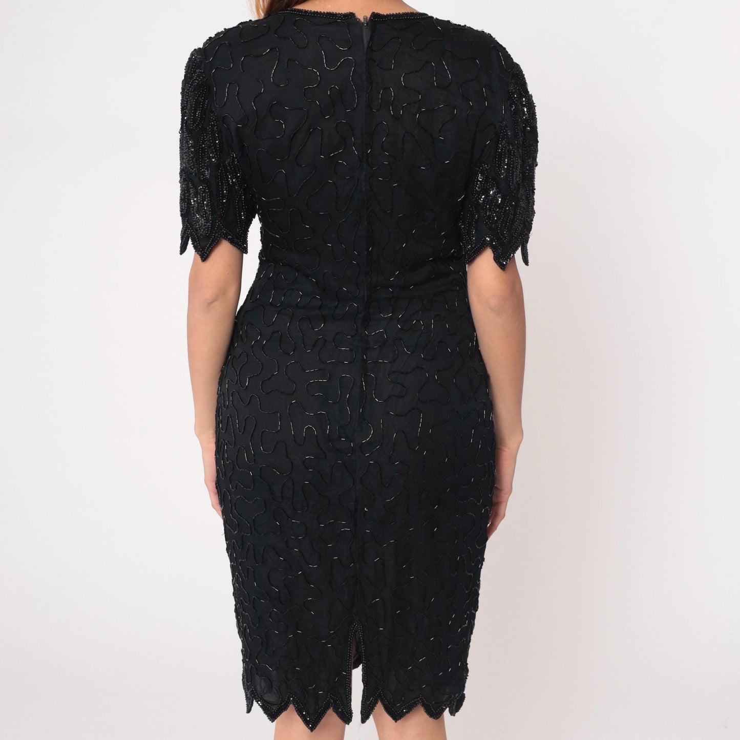 90s Laurence Kazar Black Beaded Silk Cocktail Dress Knee-Length Medium M